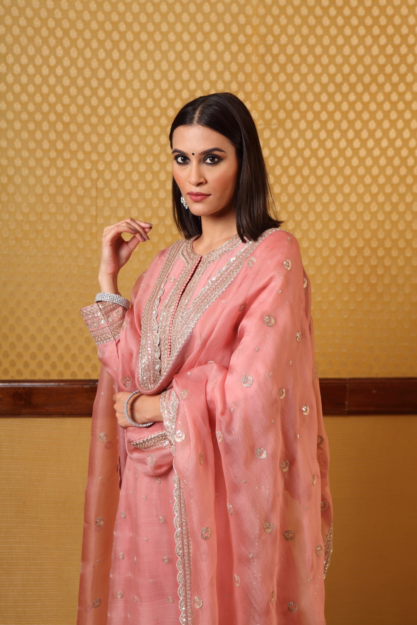 Handembroidered Dustypink Pure Katansilk Kurtapants Set