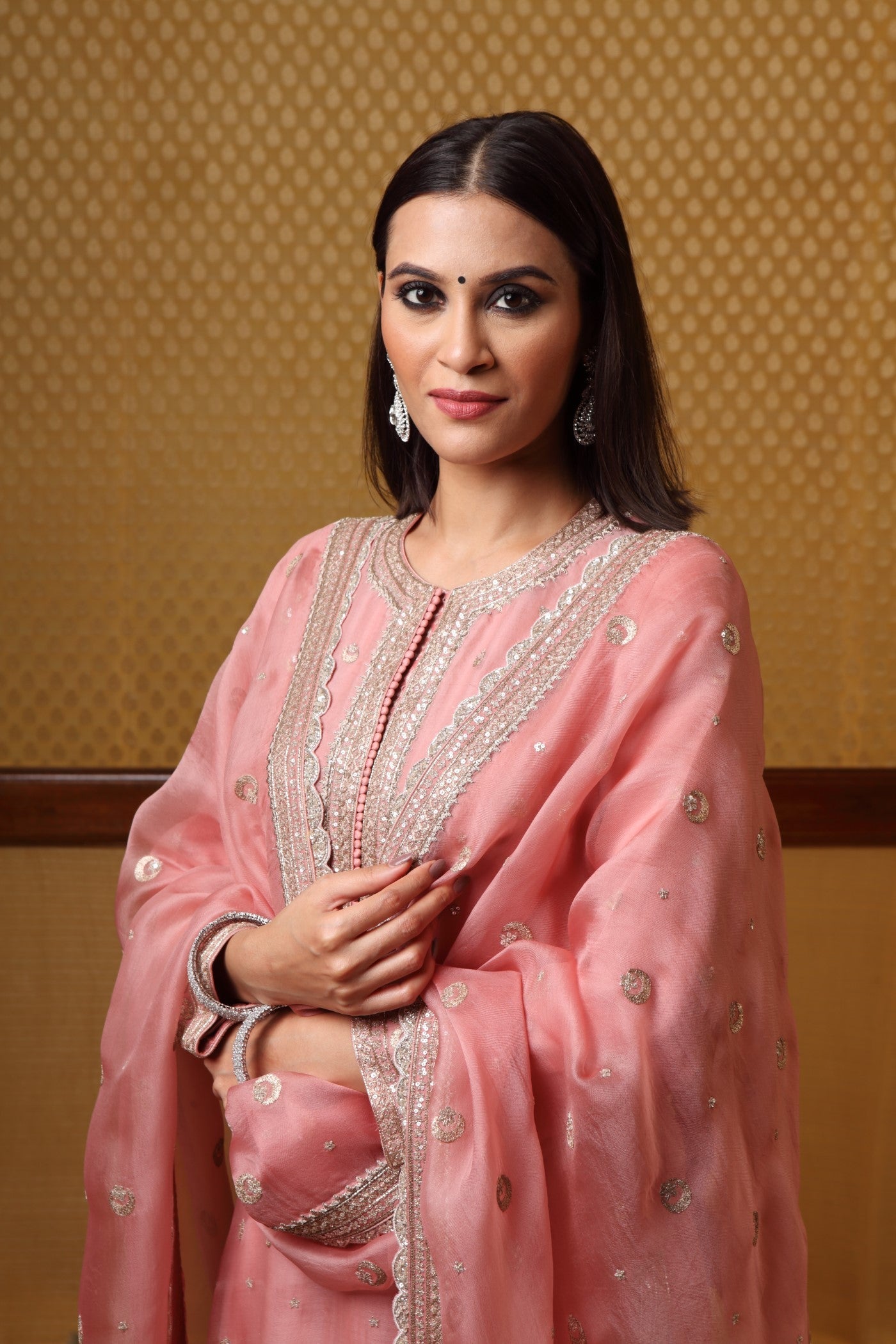 Handembroidered Dustypink Pure Katansilk Kurtapants Set