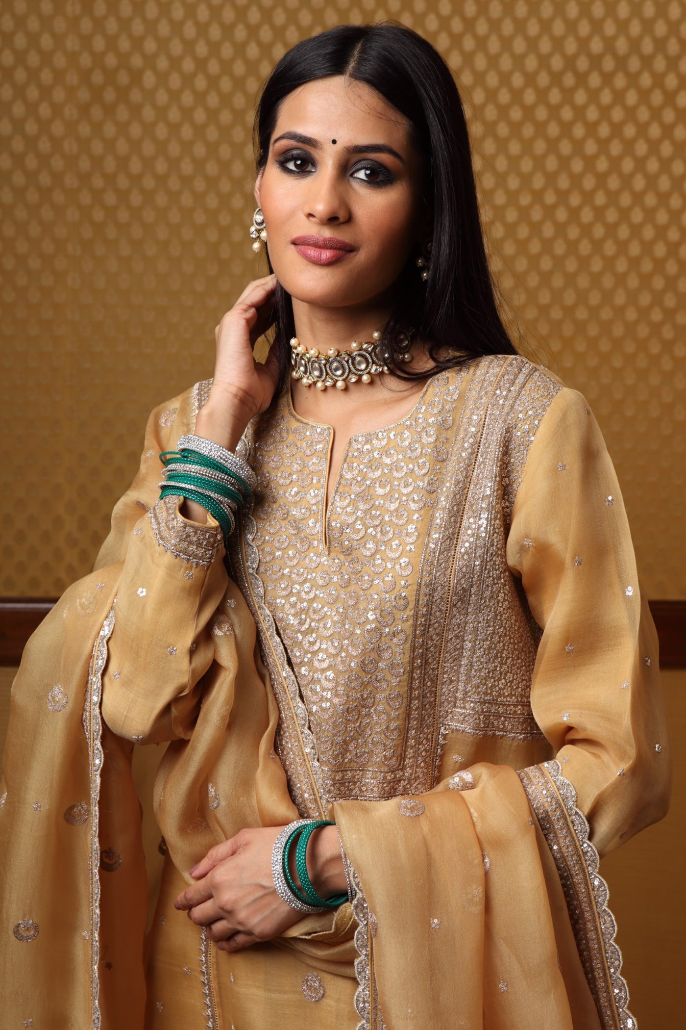 Handembroidered Yellow Pure Katansilk Chand Butta Kurtapants Set