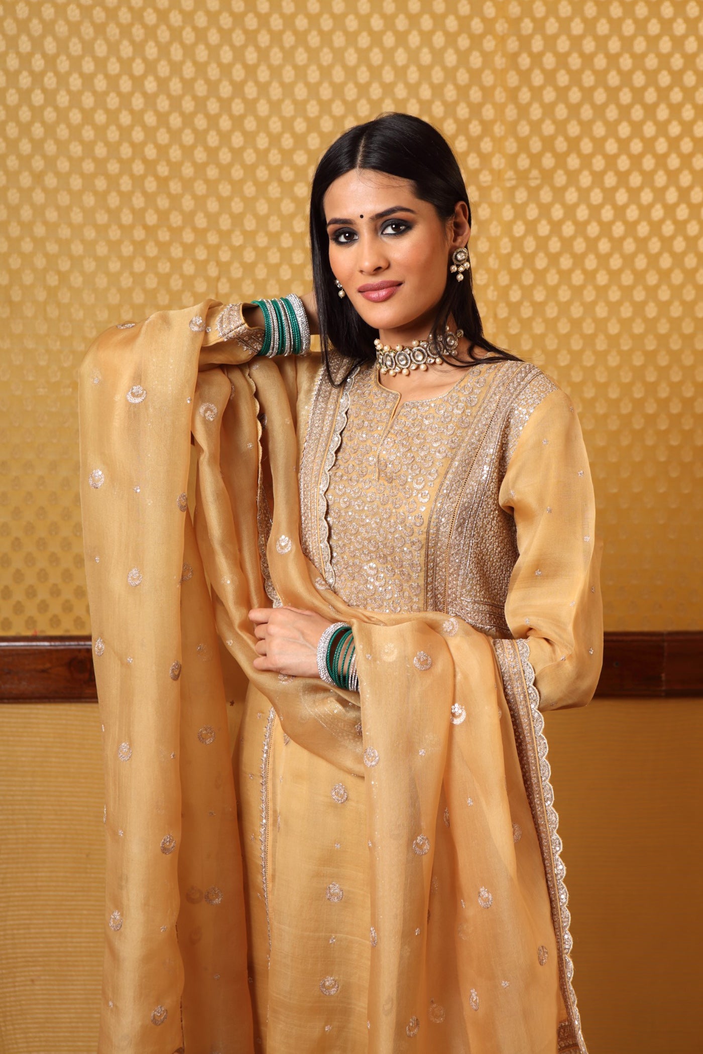 Handembroidered Yellow Pure Katansilk Chand Butta Kurtapants Set