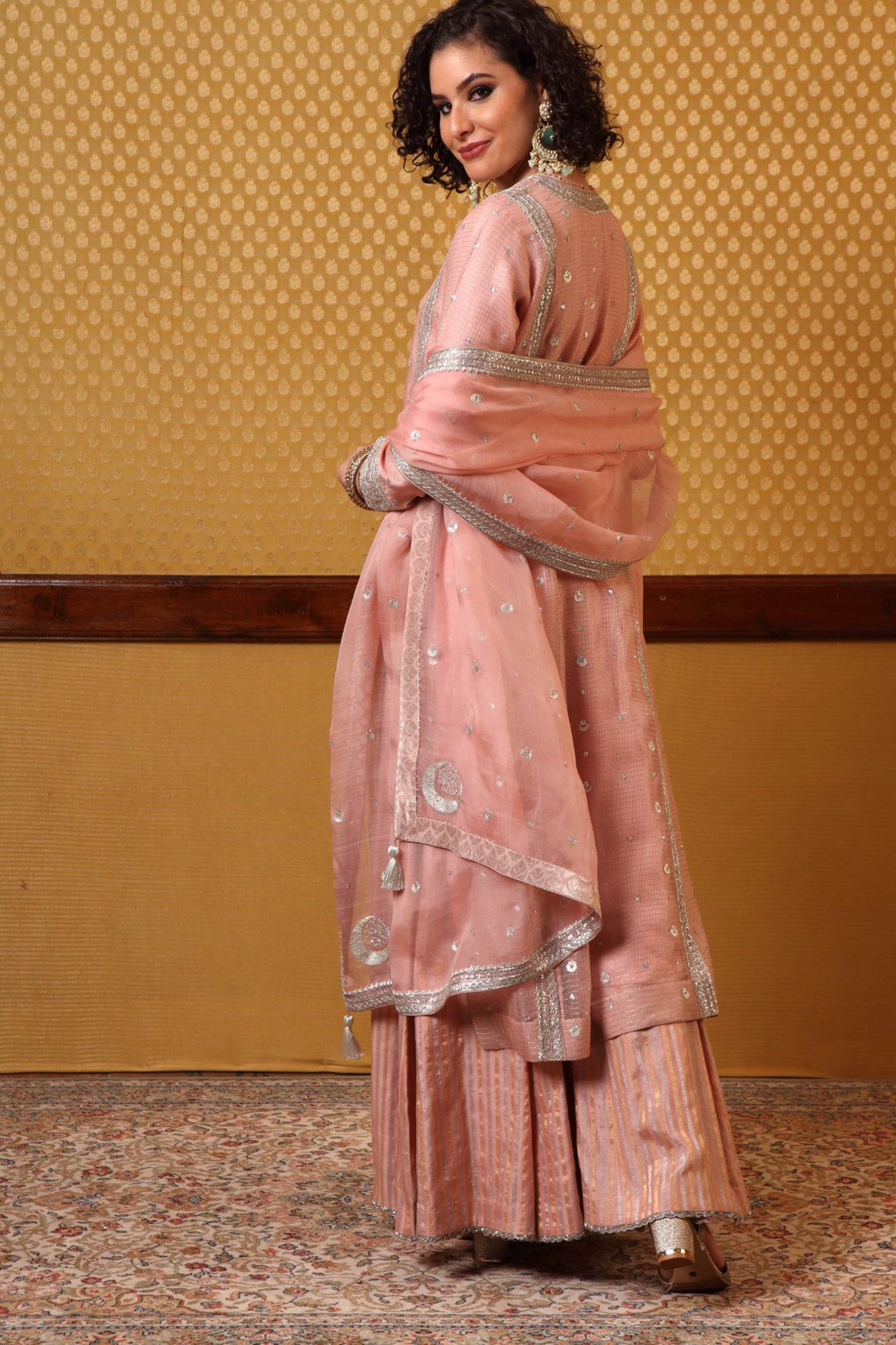 Handembroidered Babypink Kurta Sharara Set With Chand Butta