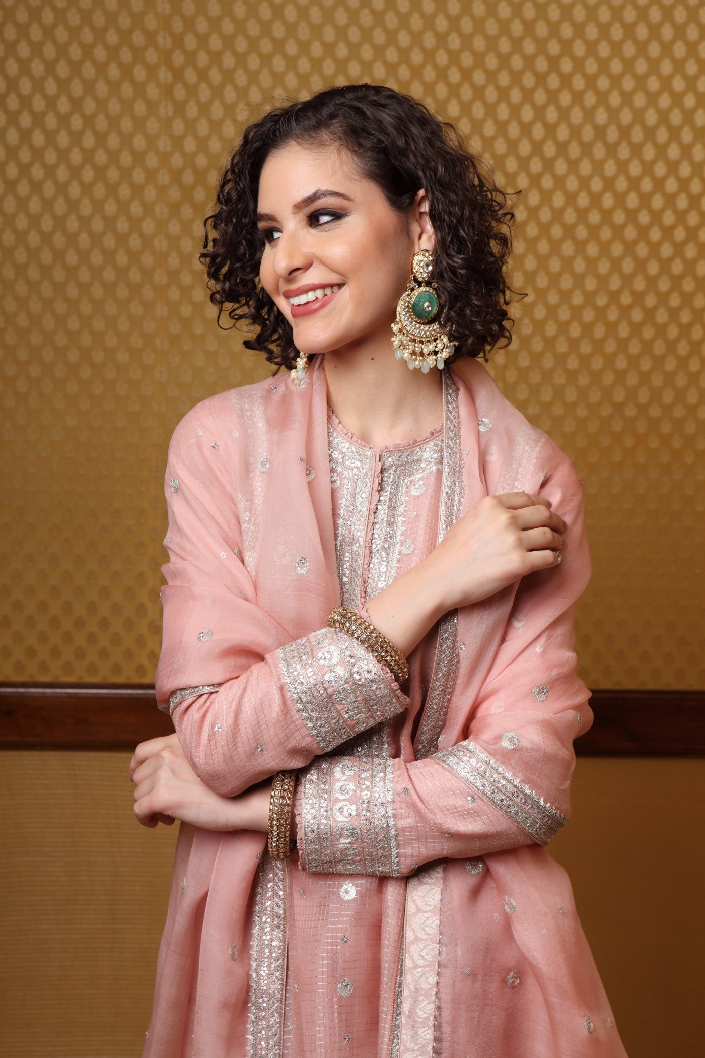 Handembroidered Babypink Kurta Sharara Set With Chand Butta