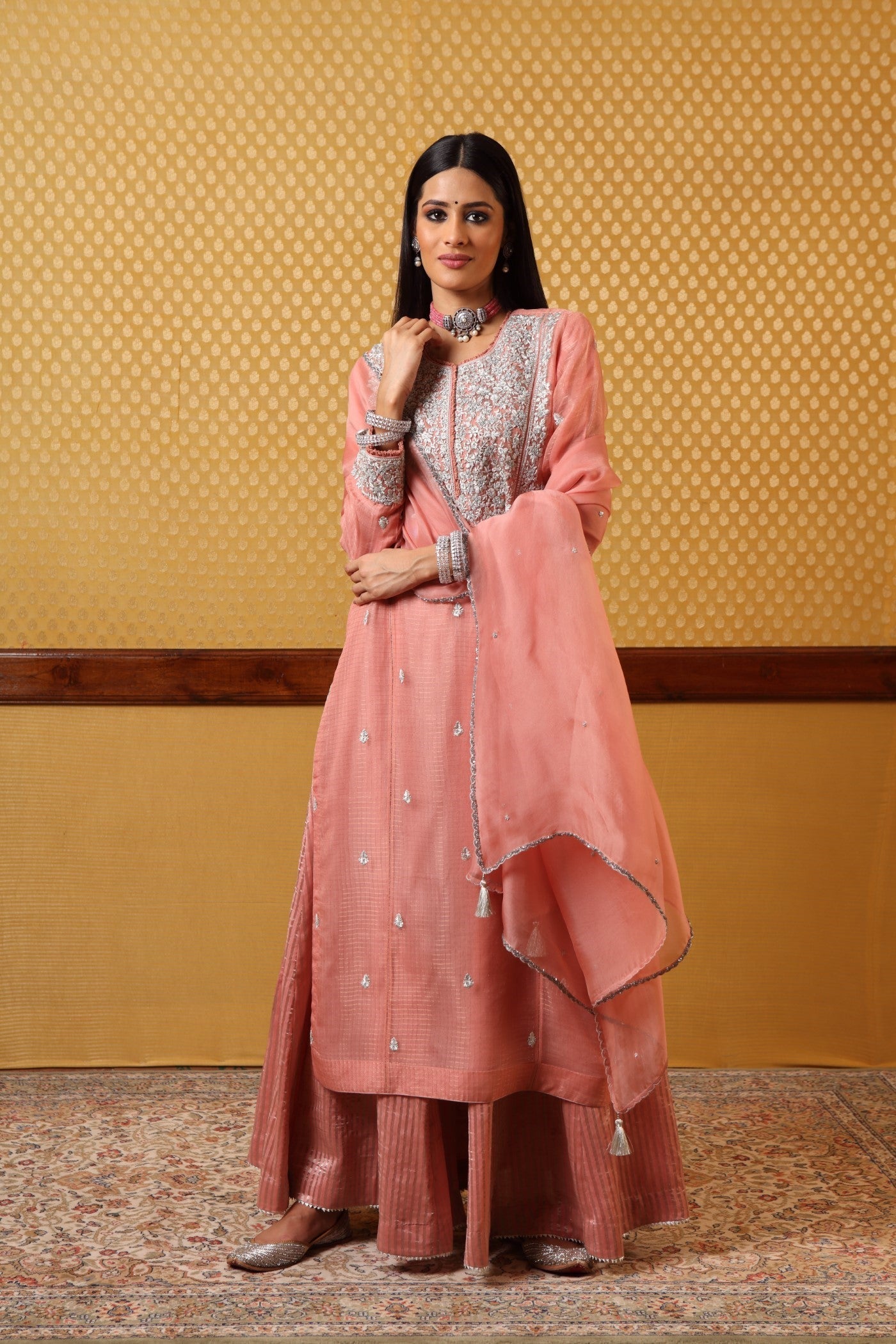 Handembroidered Peachpink Pure Katansilk Kurtasharara Set