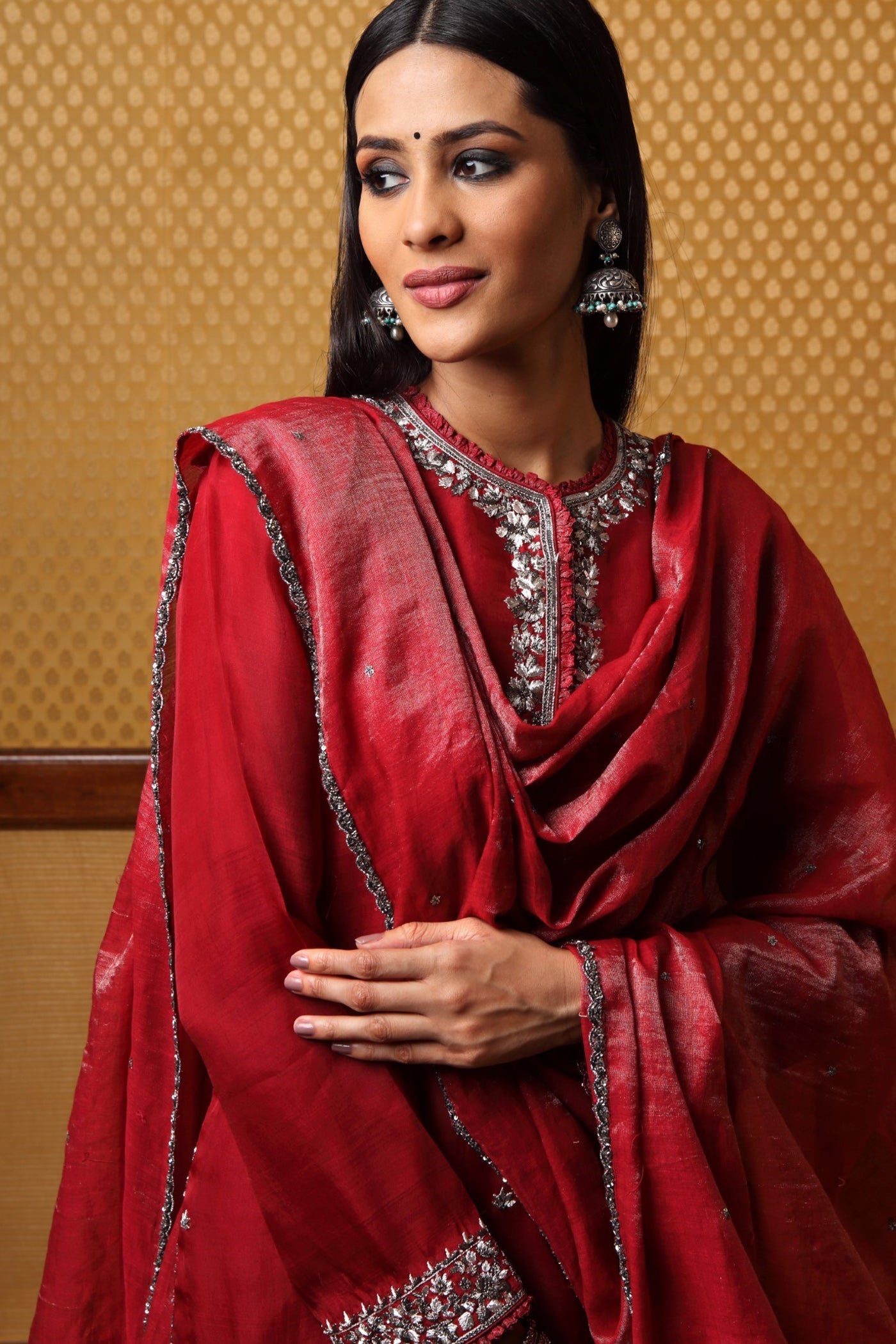Handembroidered Maroon Pure Katansilk Kurta Sharara Set