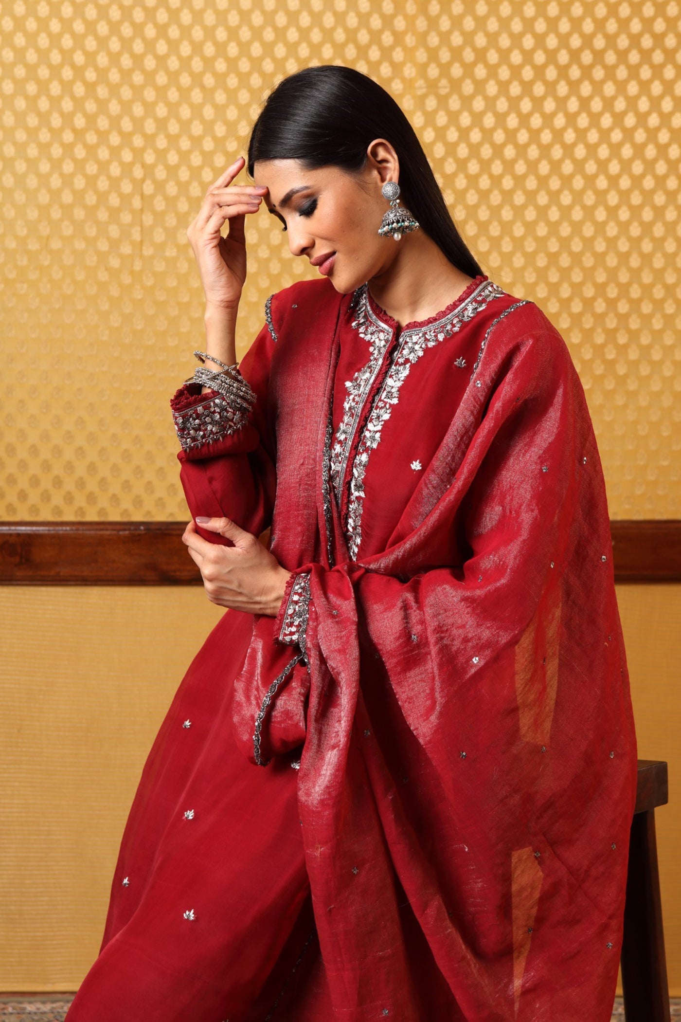Handembroidered Maroon Pure Katansilk Kurta Sharara Set