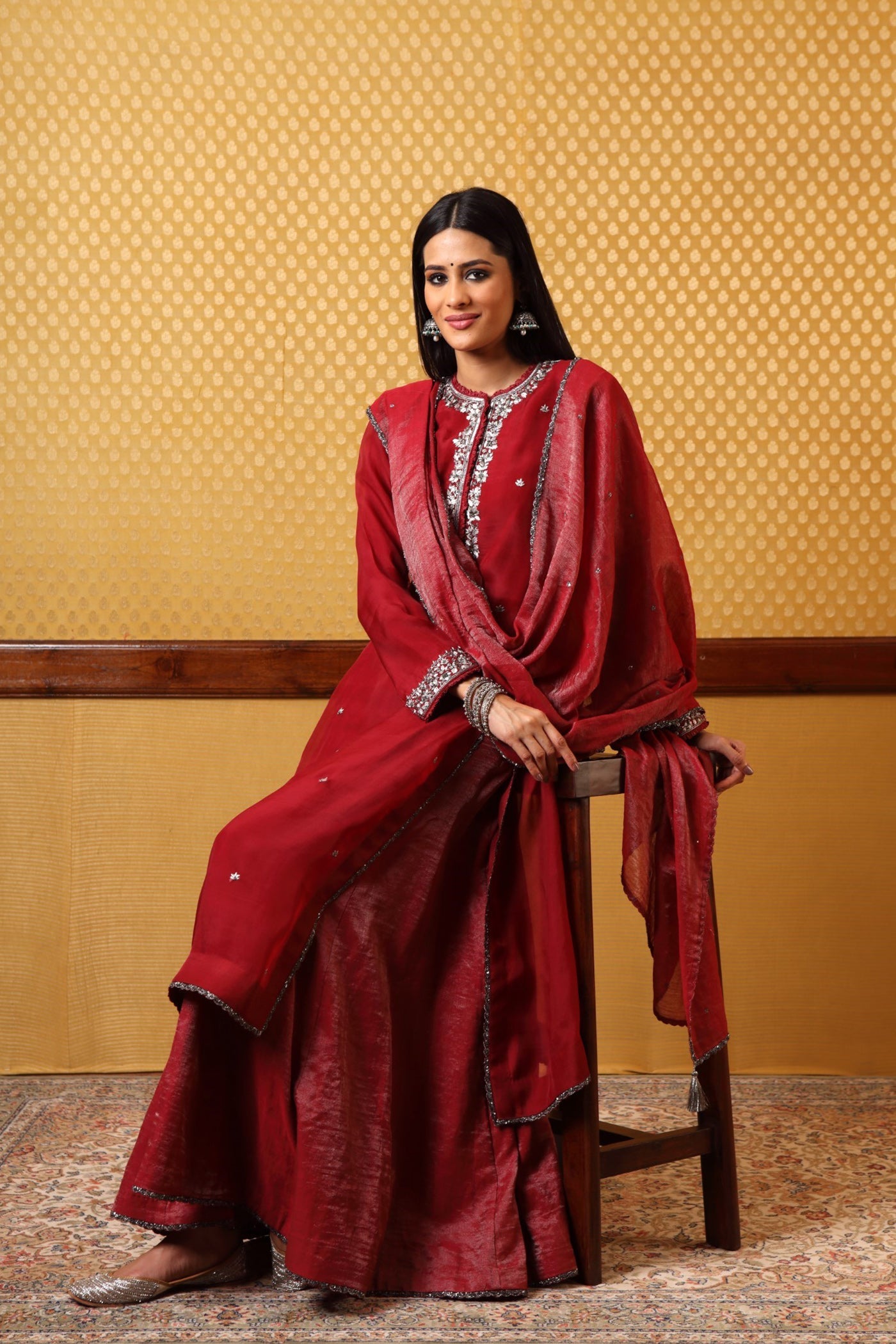 Handembroidered Maroon Pure Katansilk Kurta Sharara Set