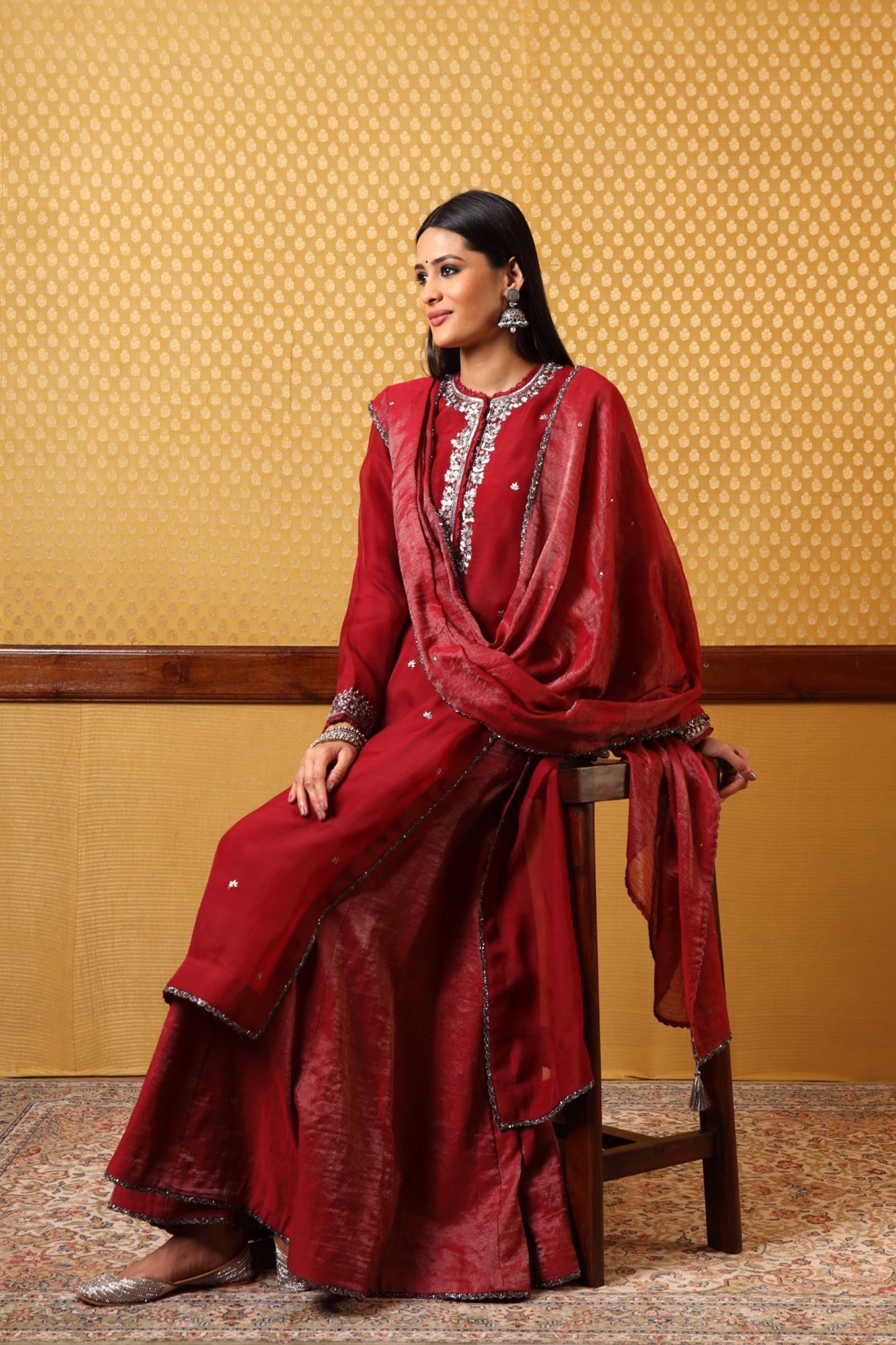 Handembroidered Maroon Pure Katansilk Kurta Sharara Set