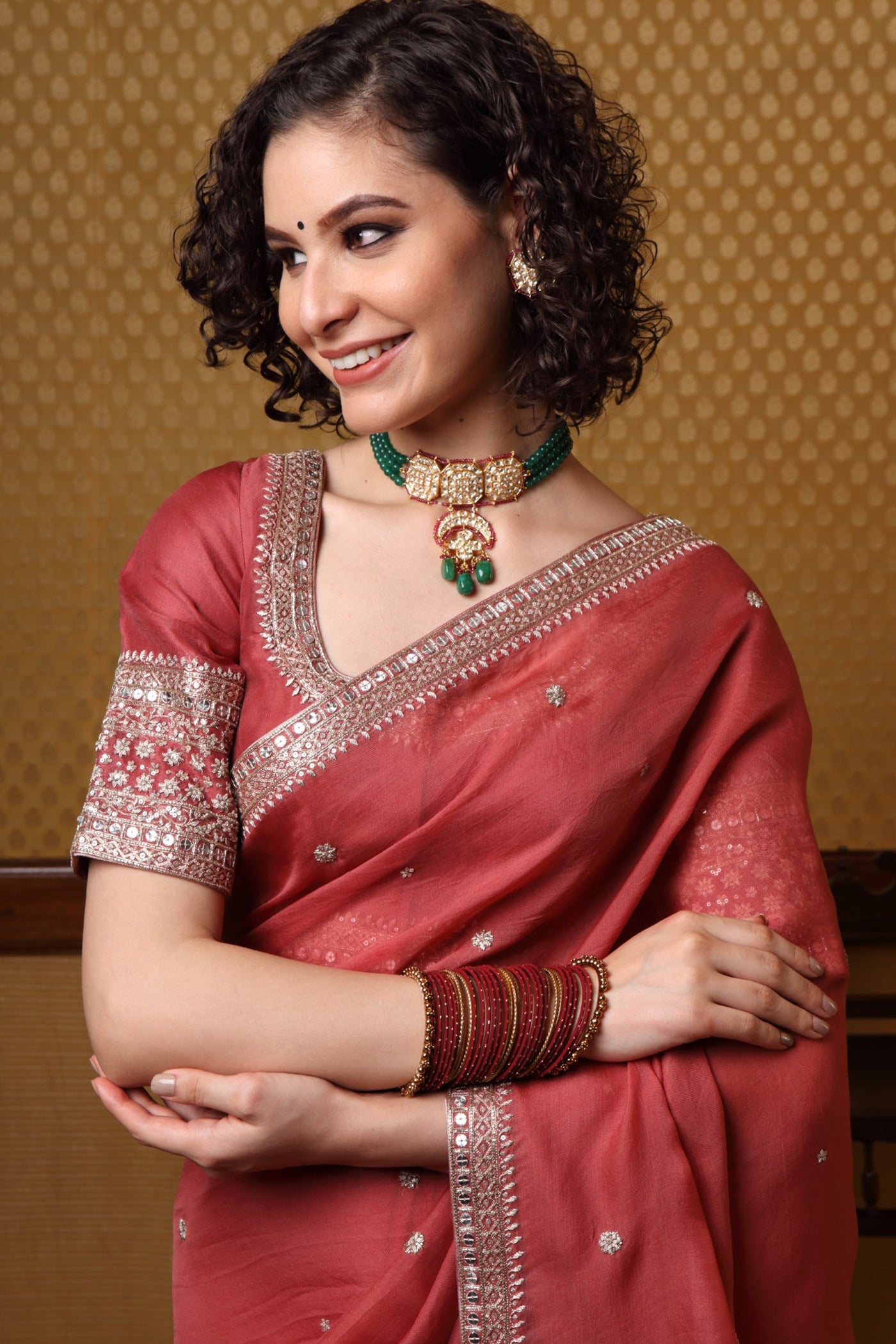 Handembroidered Cranberryred Pure Silkorganza Sareeblouse Set