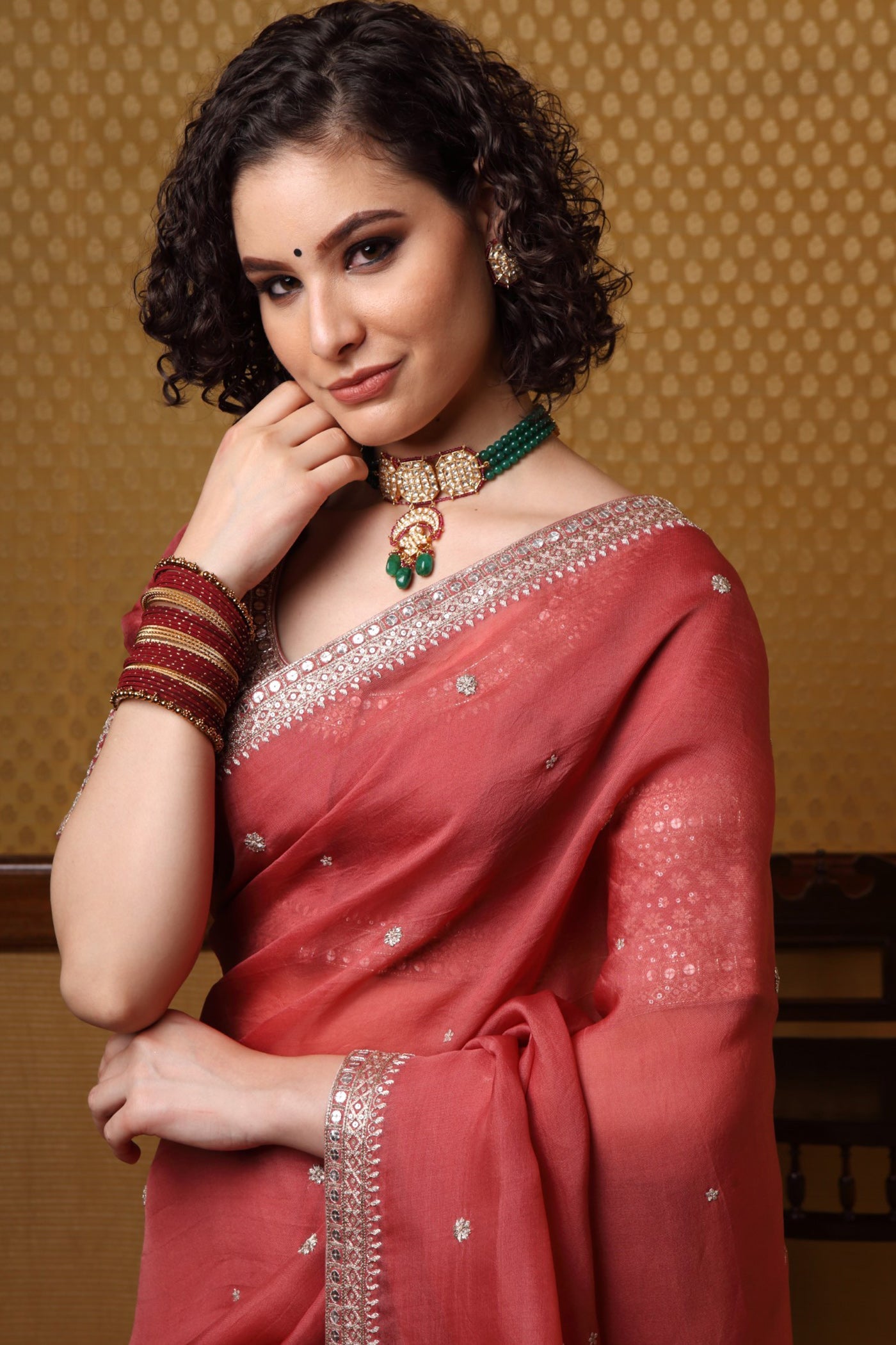 Handembroidered Cranberryred Pure Silkorganza Sareeblouse Set