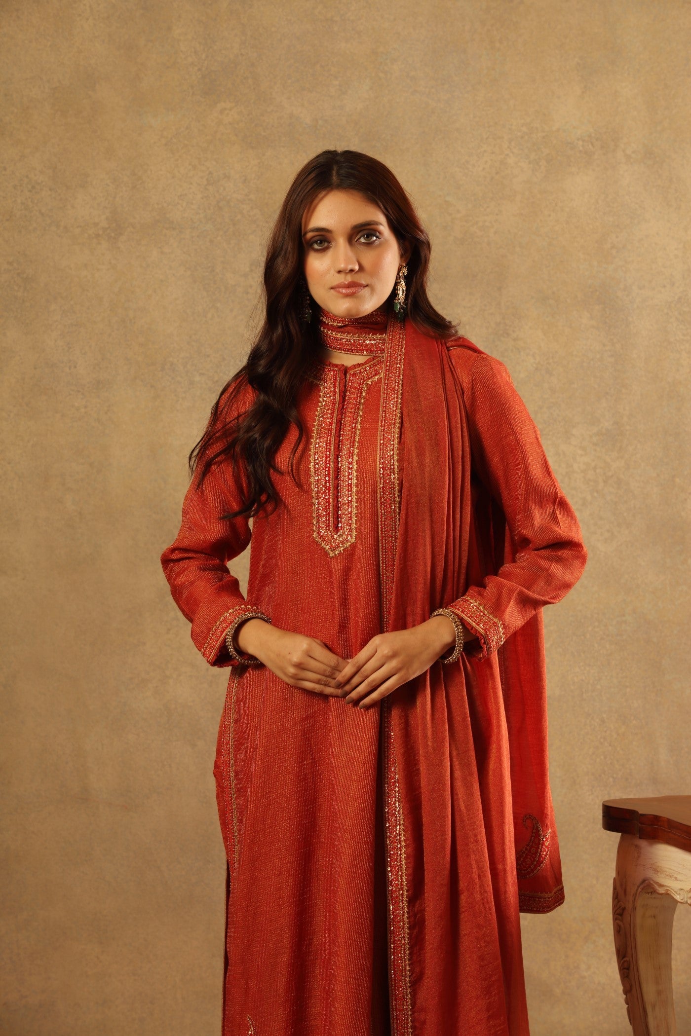 Hand Embroidered Clay Red Pure Silk Cotton Kurta Pants Set