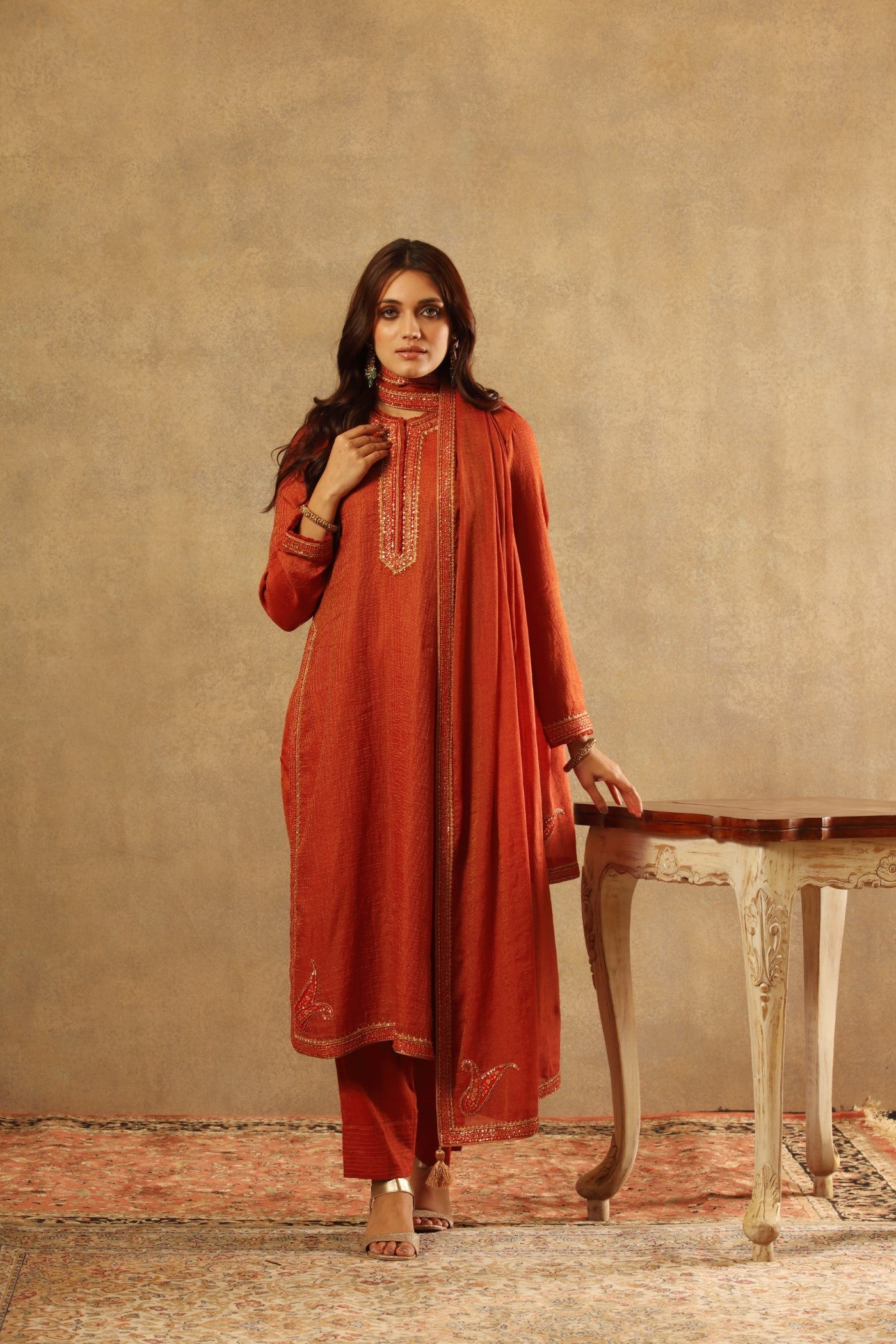 Hand Embroidered Clay Red Pure Silk Cotton Kurta Pants Set