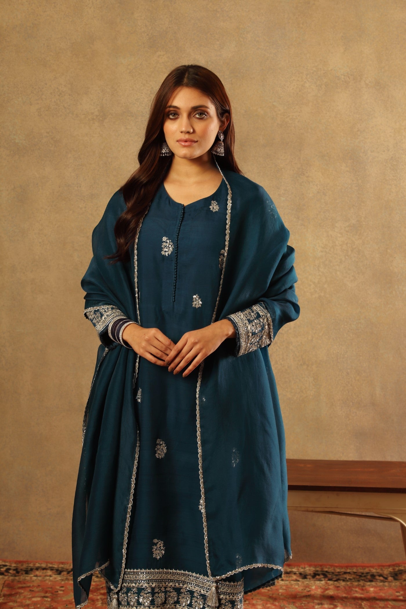Hand Embroidered Sailor Blue Pure Katan Silk Kurta Pants Set