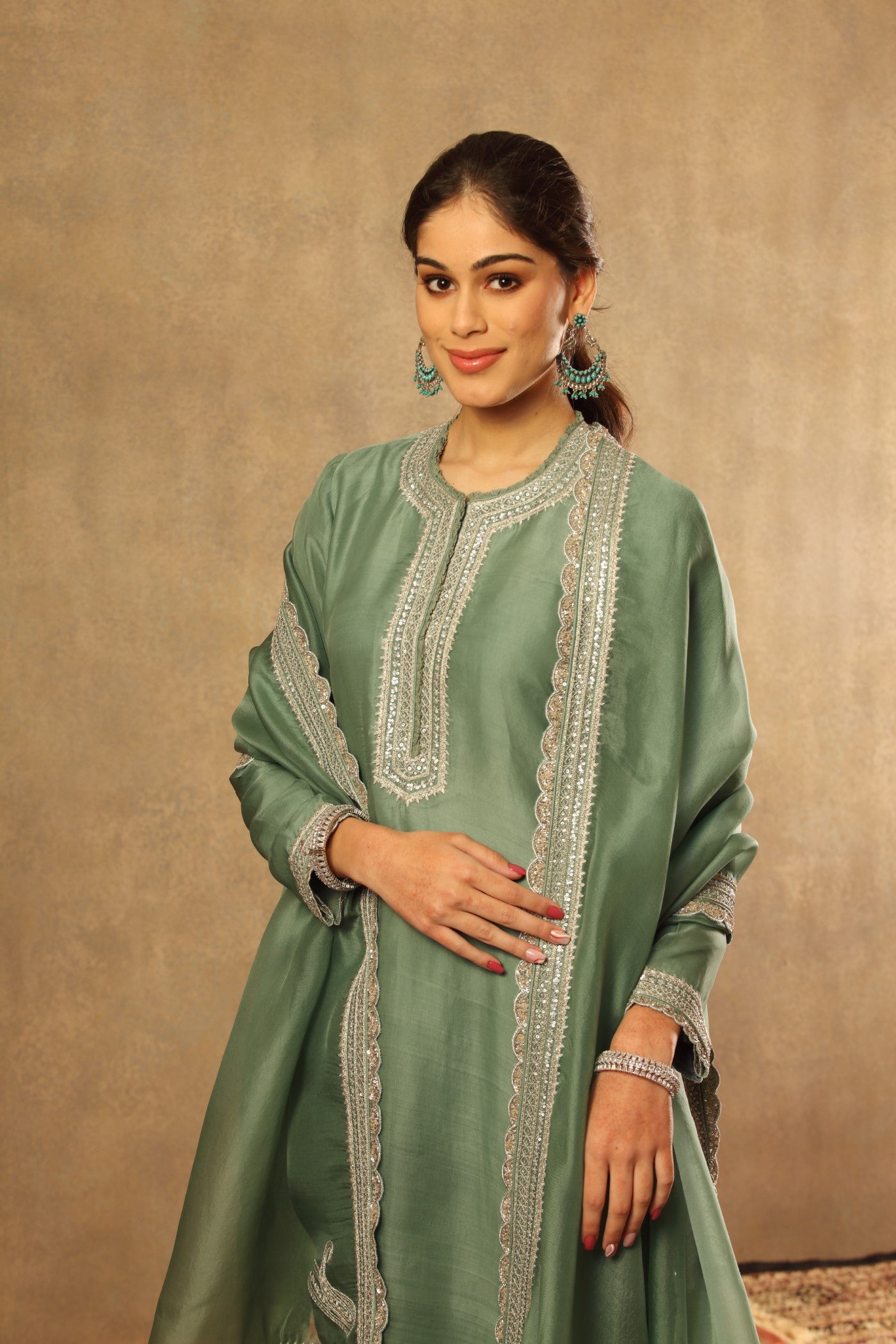 Hand Embroidered Canton Green Pure Katan Silk Kurta Pants Set