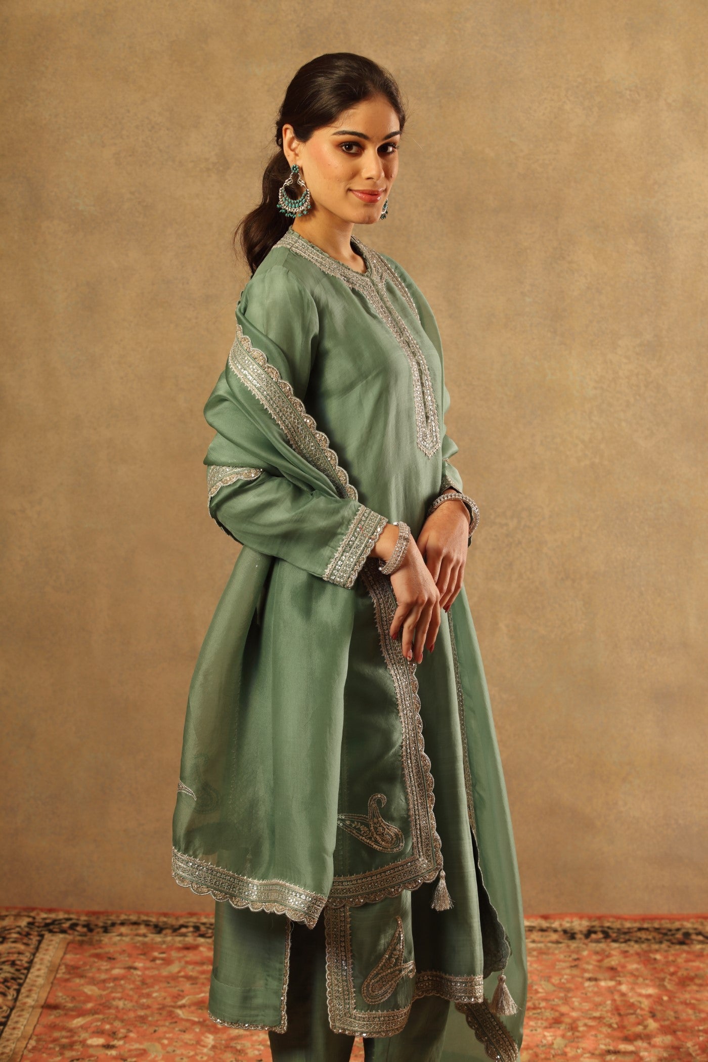 Hand Embroidered Canton Green Pure Katan Silk Kurta Pants Set