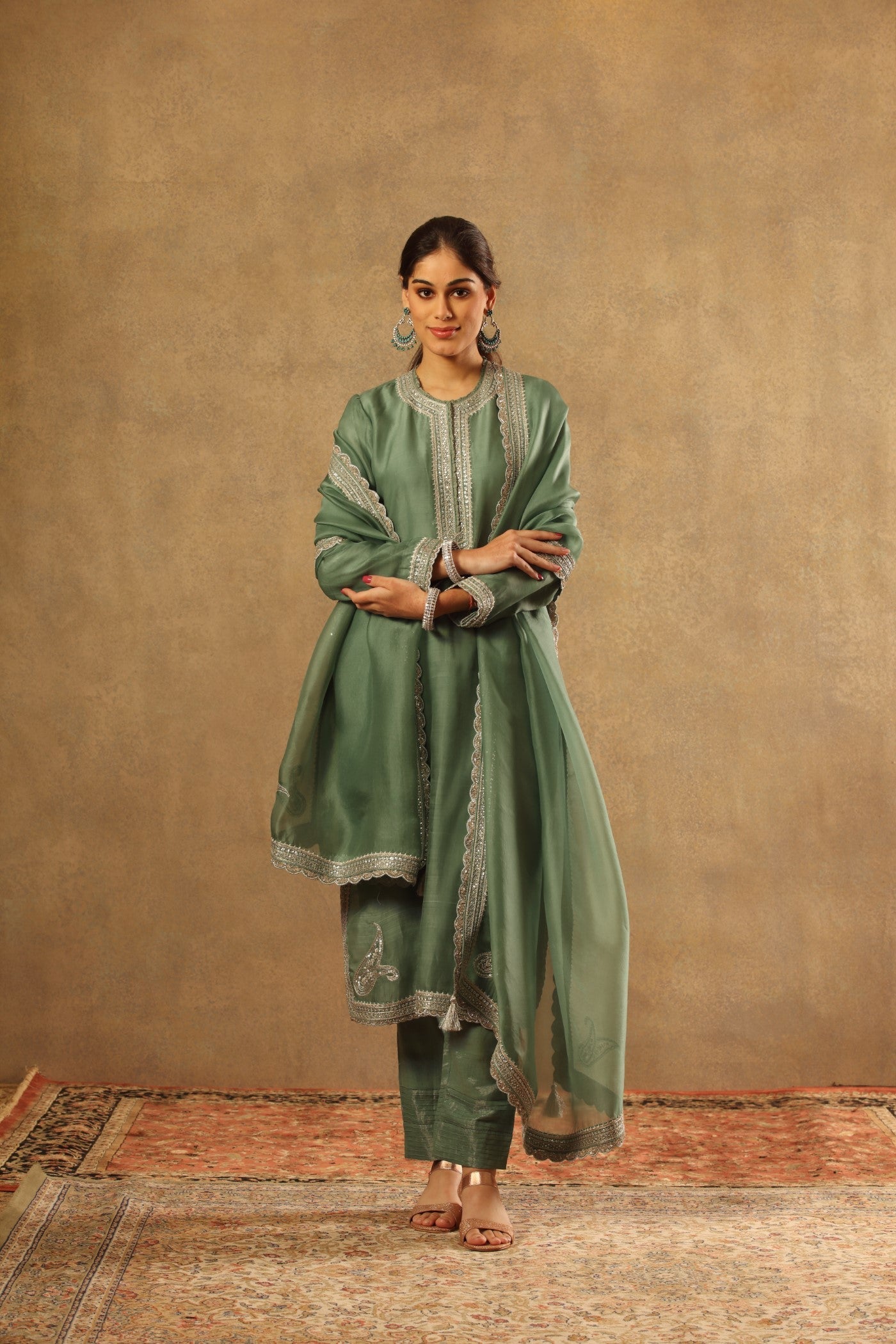 Hand Embroidered Canton Green Pure Katan Silk Kurta Pants Set