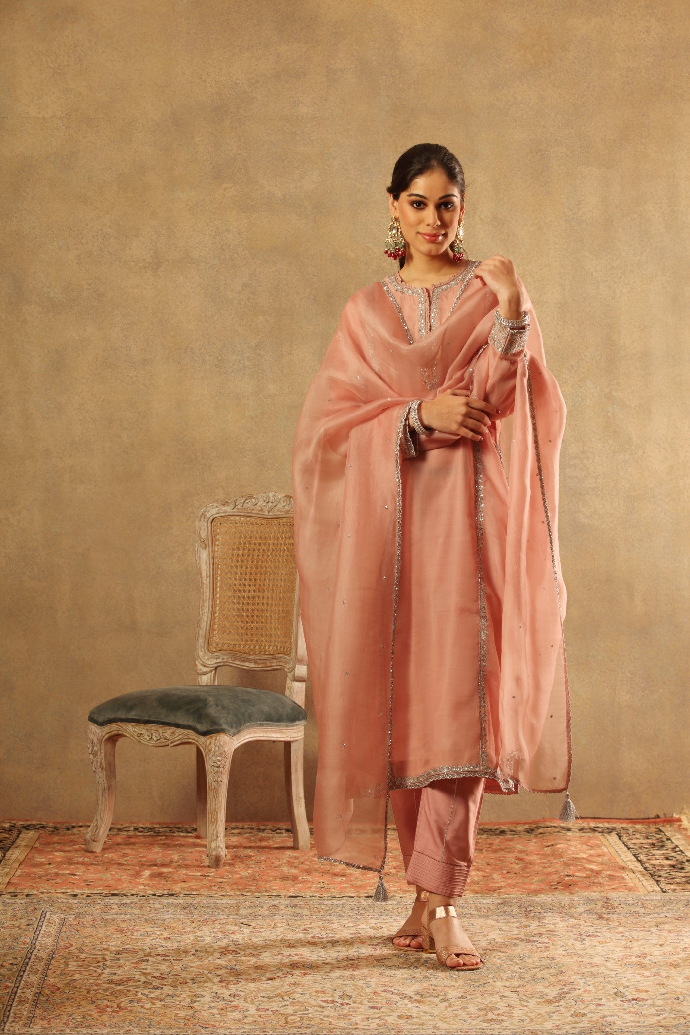 Hand Embroidered Dusty Pink Pure Katan Silk Kurta Pants Set