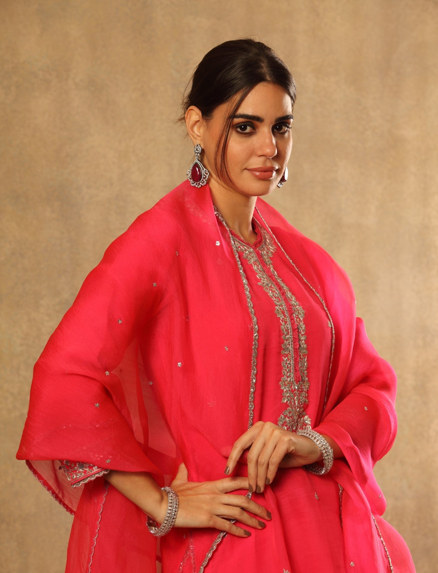 Hand Embroidered Neon Candy Pink Pure Katan Silk Kurta Pants Set