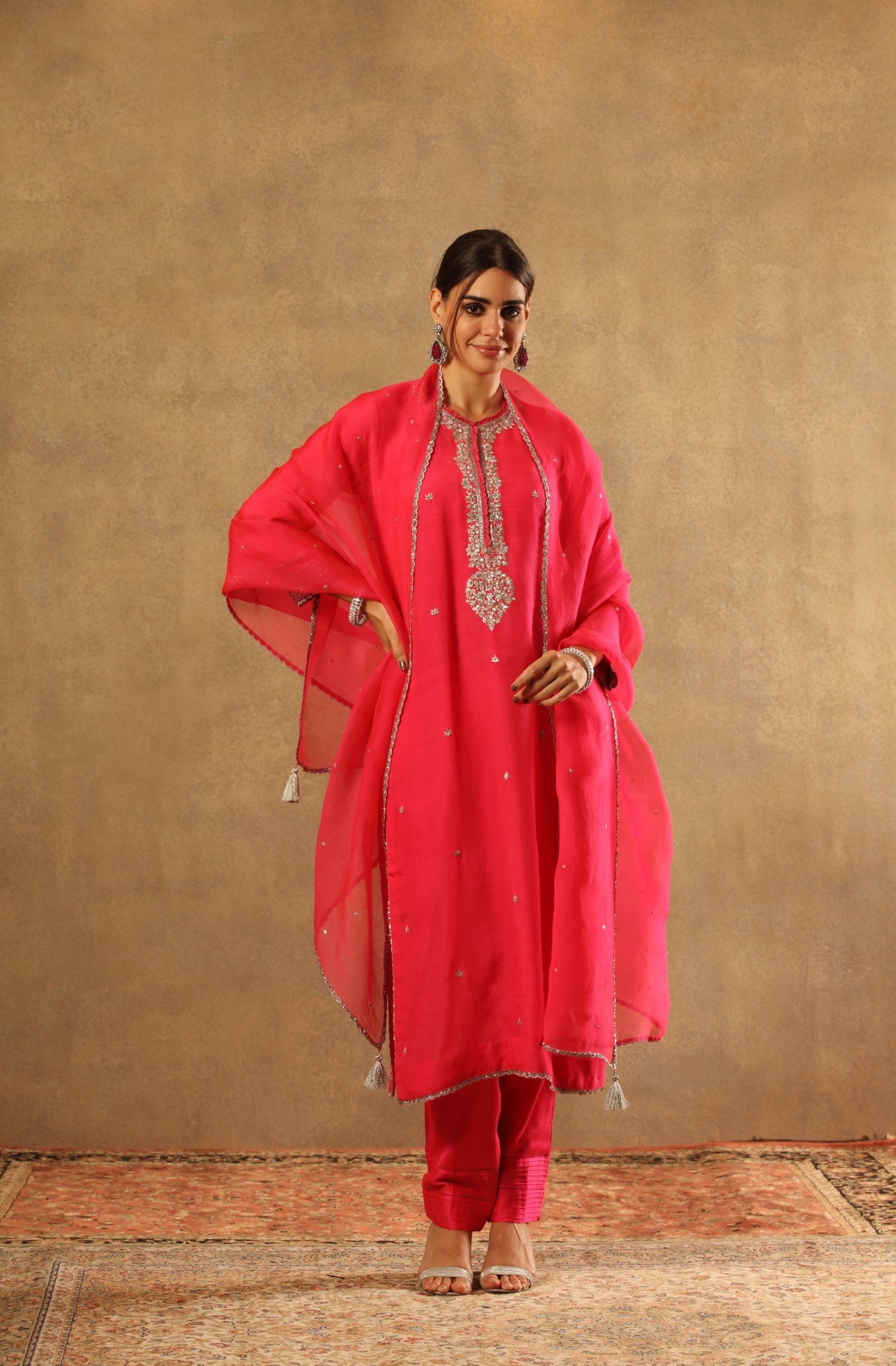 Hand Embroidered Neon Candy Pink Pure Katan Silk Kurta Pants Set