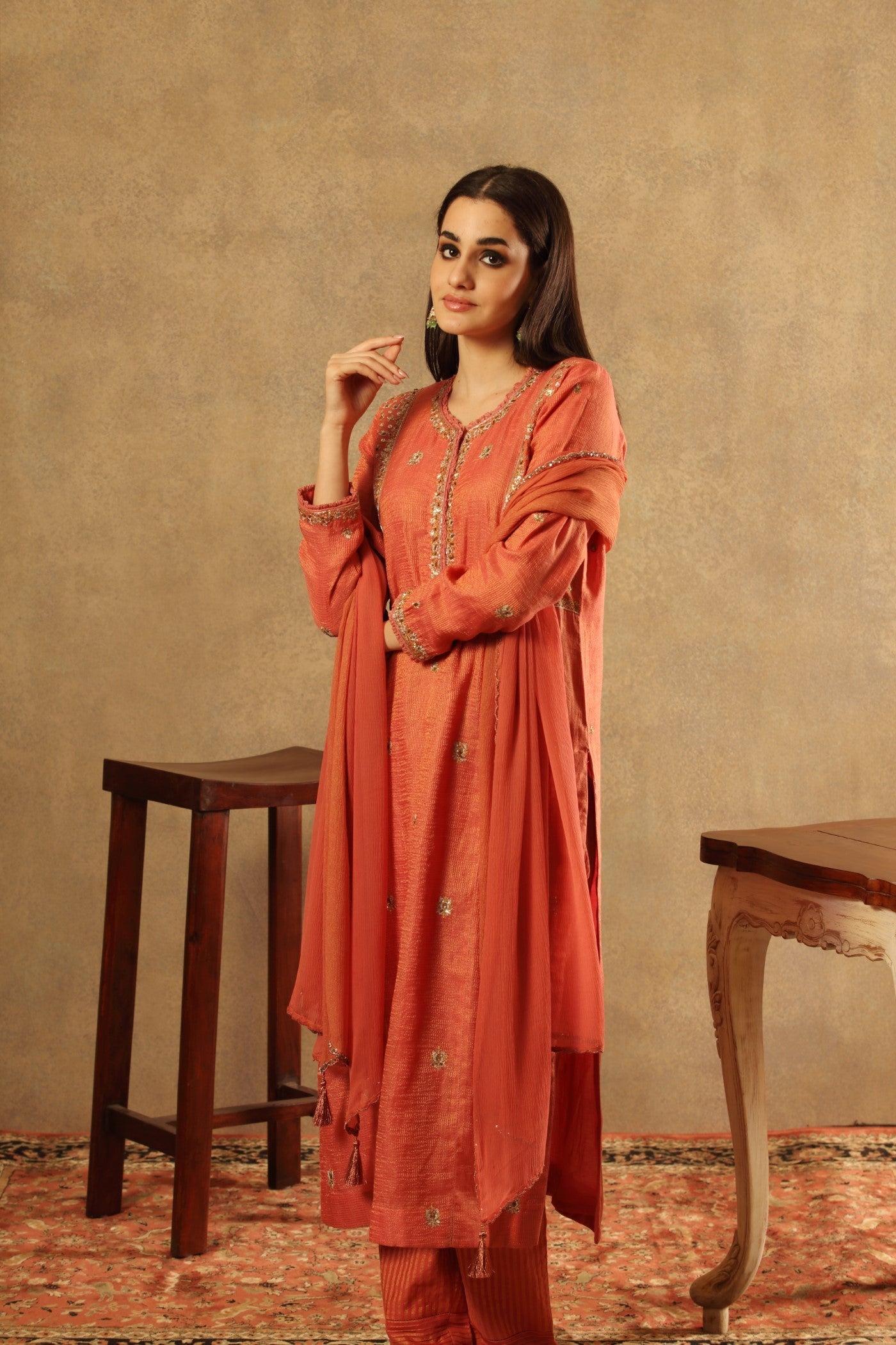 Hand Embroidered Rust Peach Pure Silk Cotton Kurta Pants Set