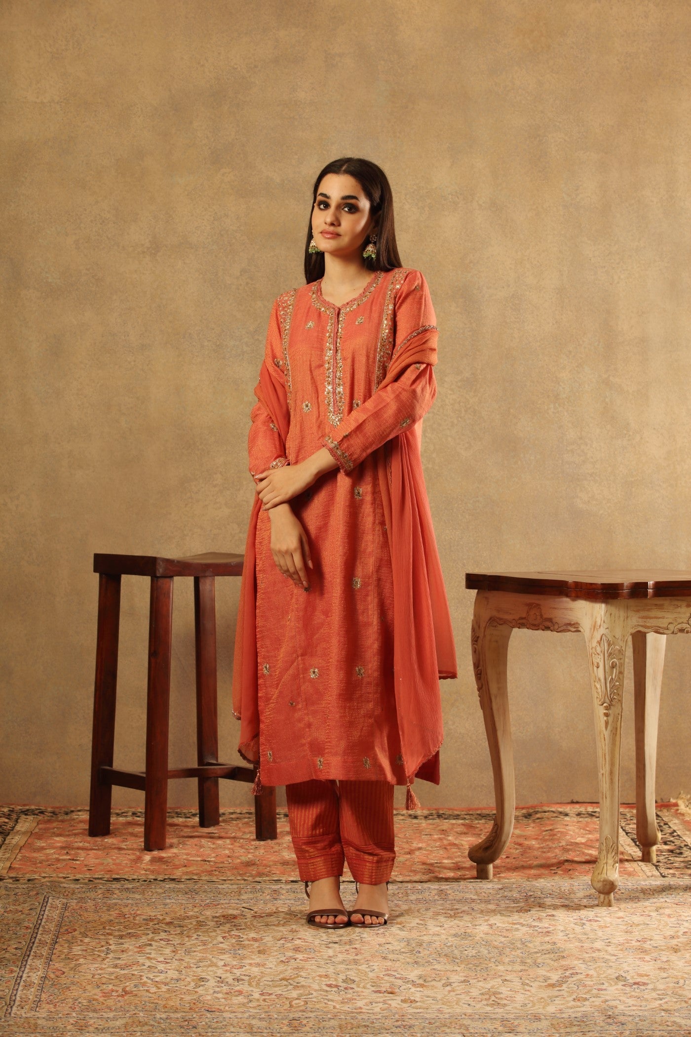 Hand Embroidered Rust Peach Pure Silk Cotton Kurta Pants Set