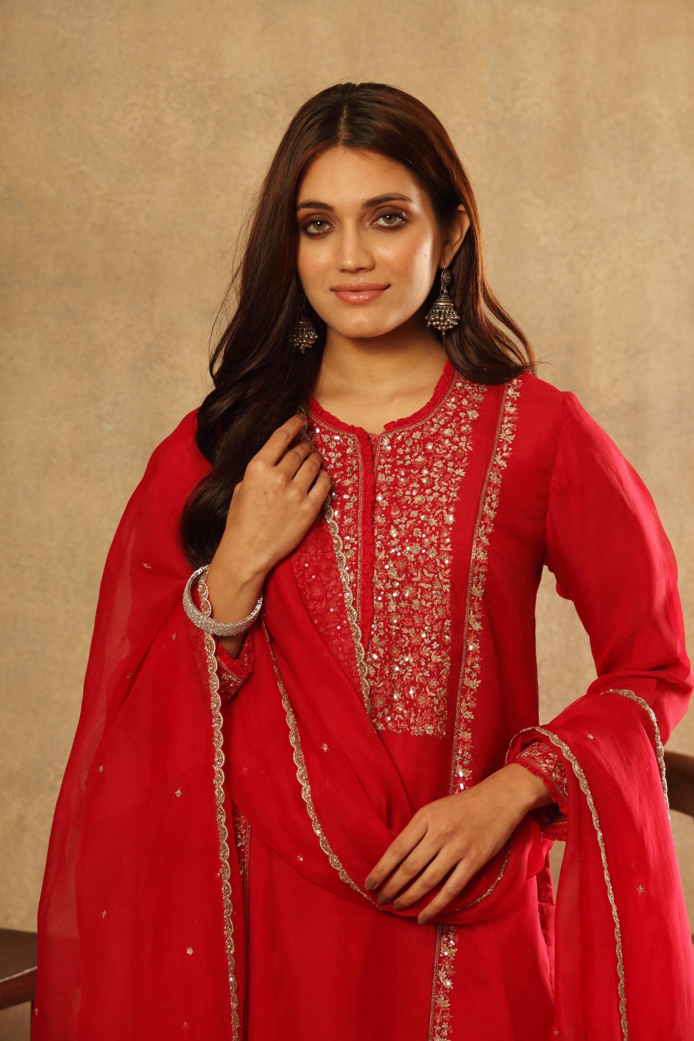 Hand Embroidered Fuchsia Pink Pure Katan Silk Kurta Pants Set