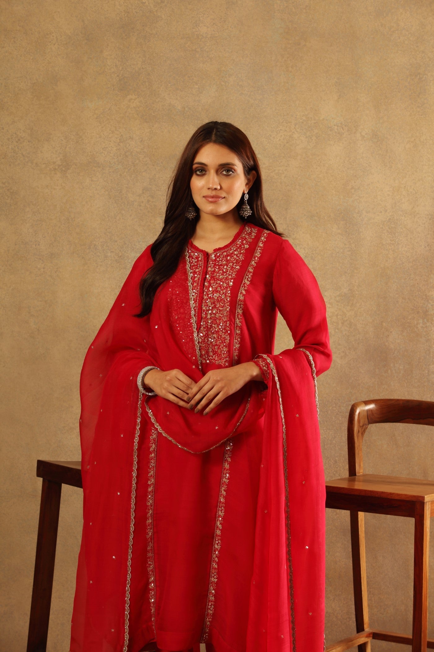 Hand Embroidered Fuchsia Pink Pure Katan Silk Kurta Pants Set