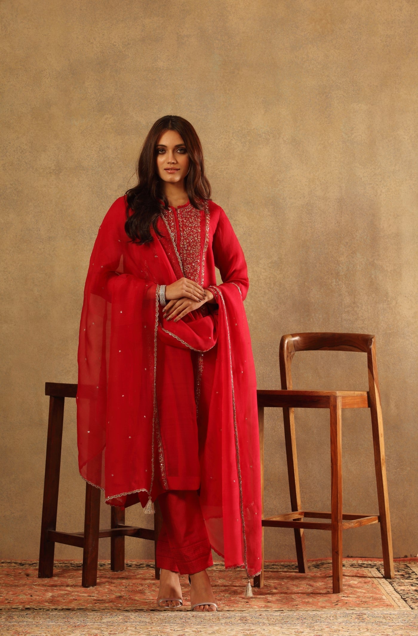 Hand Embroidered Fuchsia Pink Pure Katan Silk Kurta Pants Set