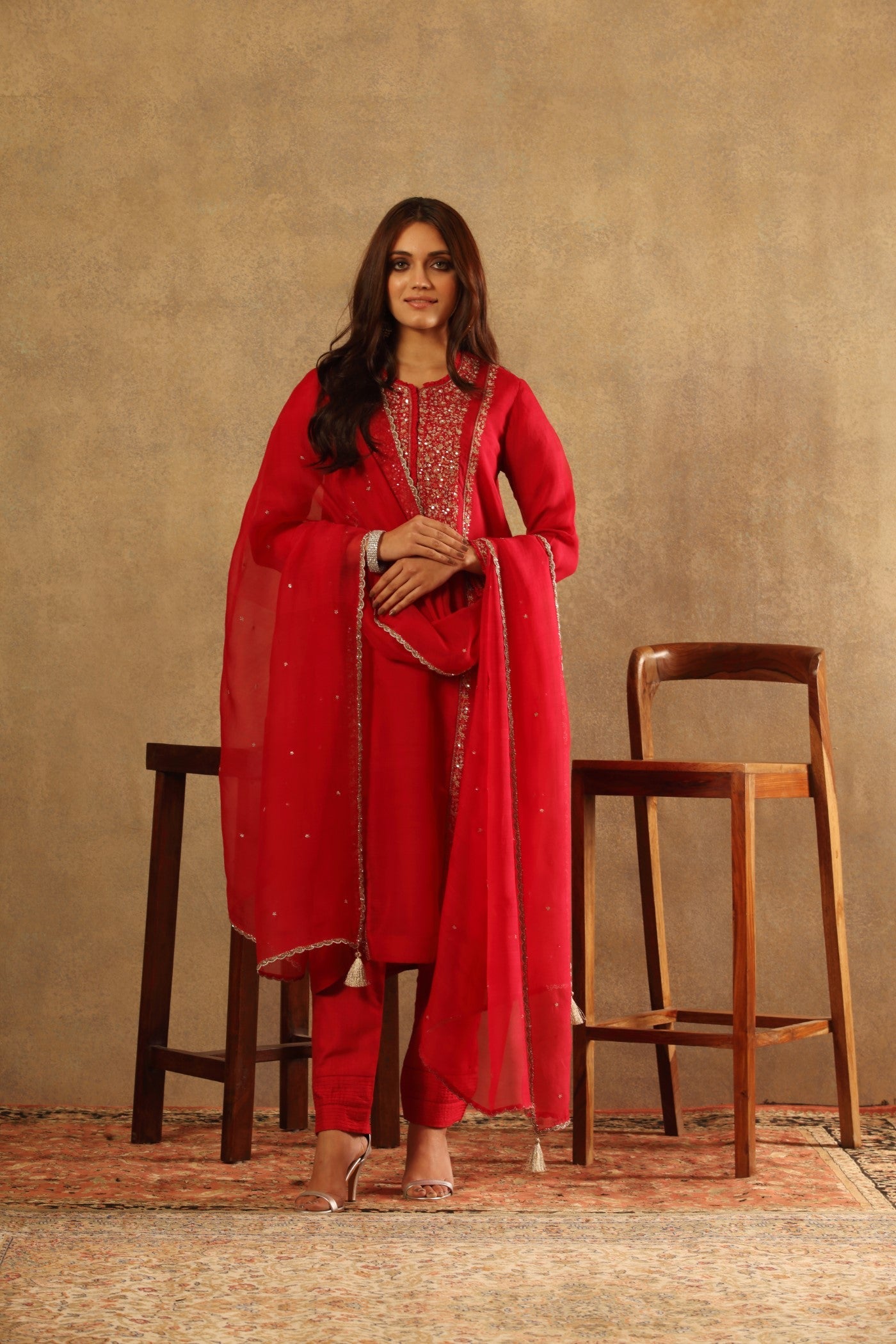 Hand Embroidered Fuchsia Pink Pure Katan Silk Kurta Pants Set