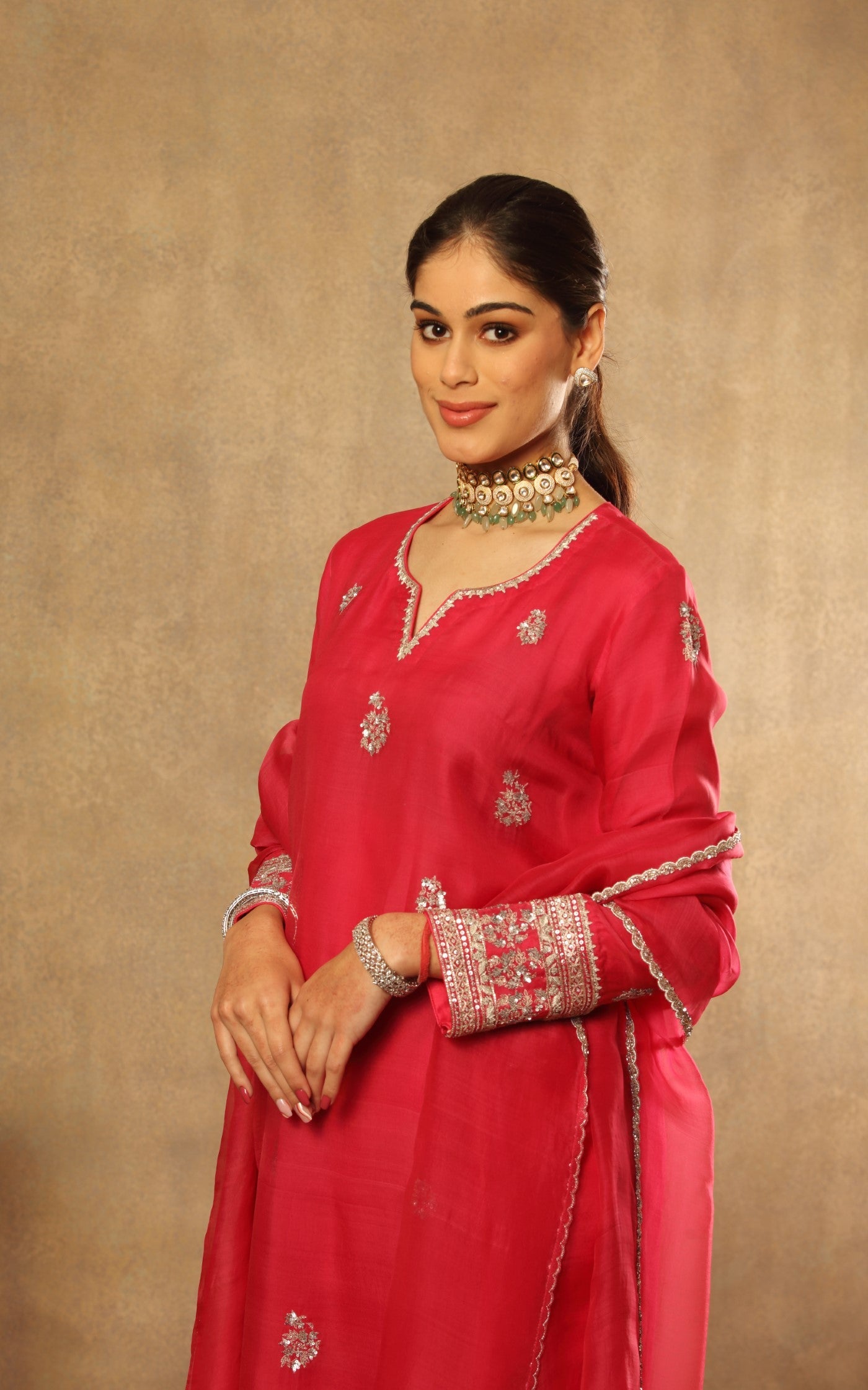 Hand Embroidered Fuchsia Purple Pure Katan Silk Kurta Pants Set