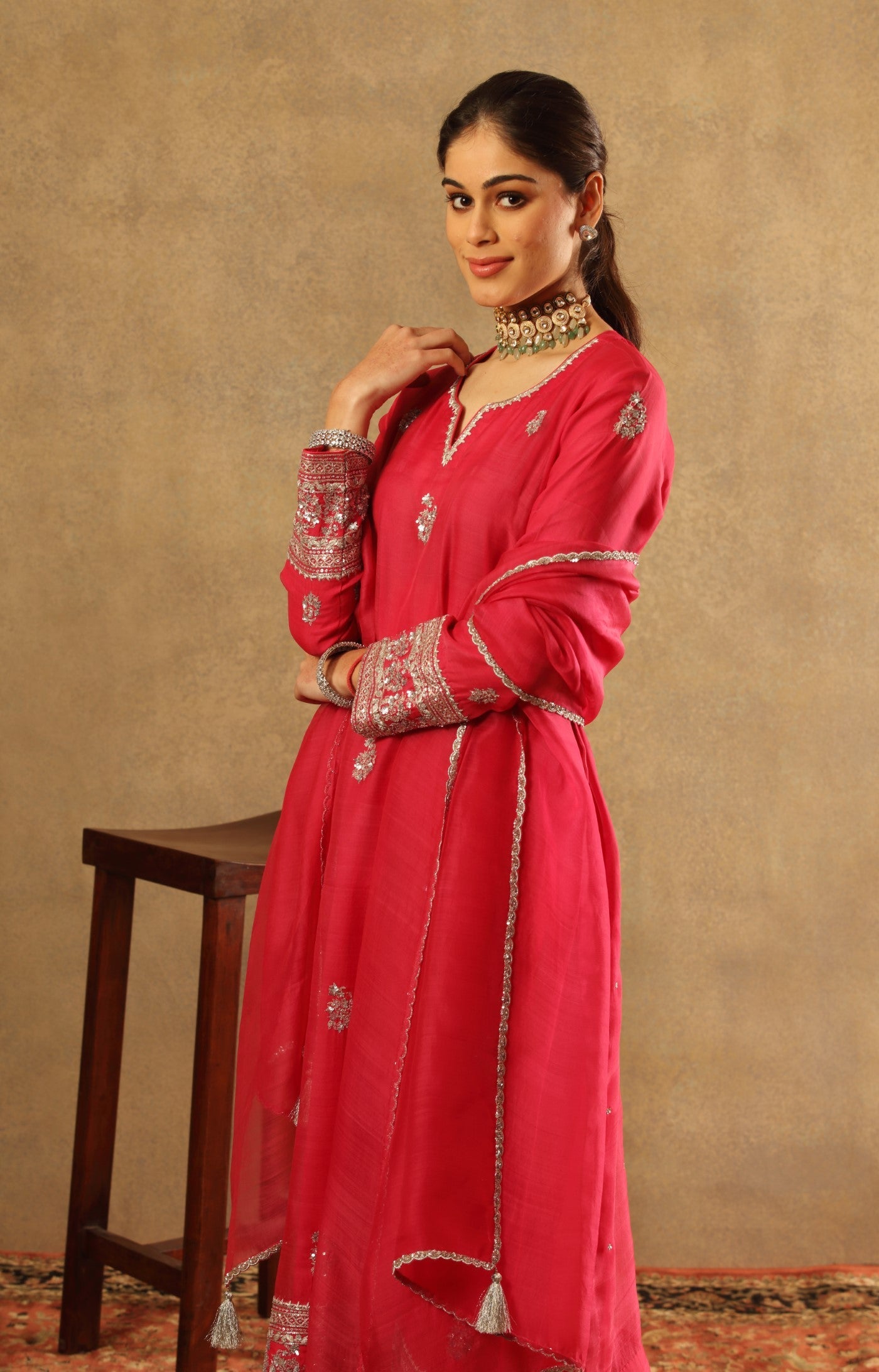 Hand Embroidered Fuchsia Purple Pure Katan Silk Kurta Pants Set