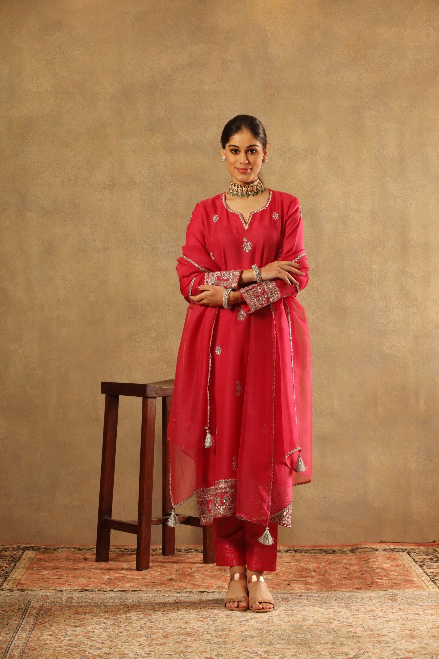Hand Embroidered Fuchsia Purple Pure Katan Silk Kurta Pants Set