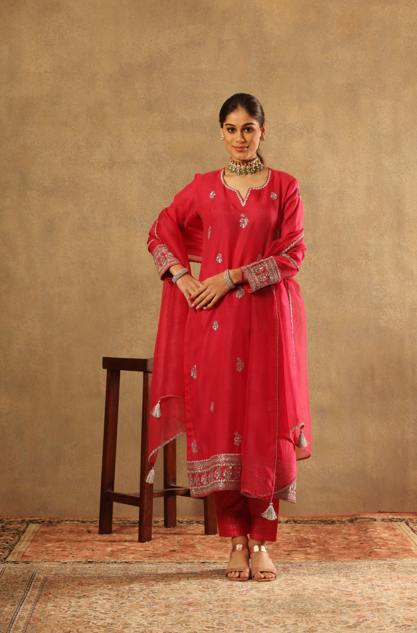 Hand Embroidered Fuchsia Purple Pure Katan Silk Kurta Pants Set