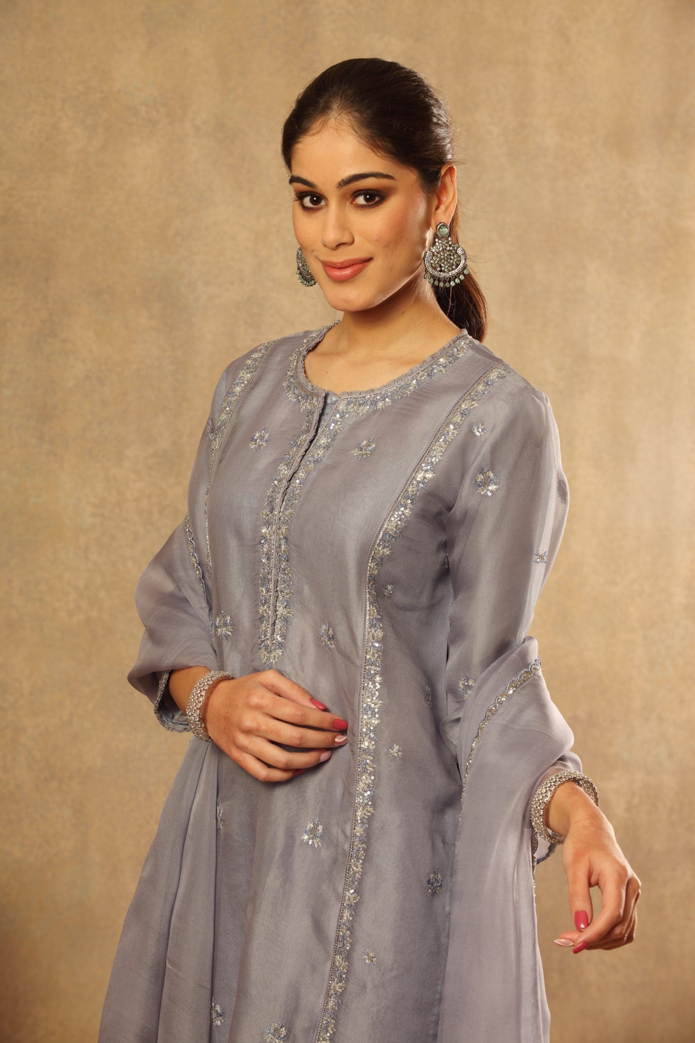 Hand Embroidered Lavender Blue Pure Silk Organza Kurta Pants Set