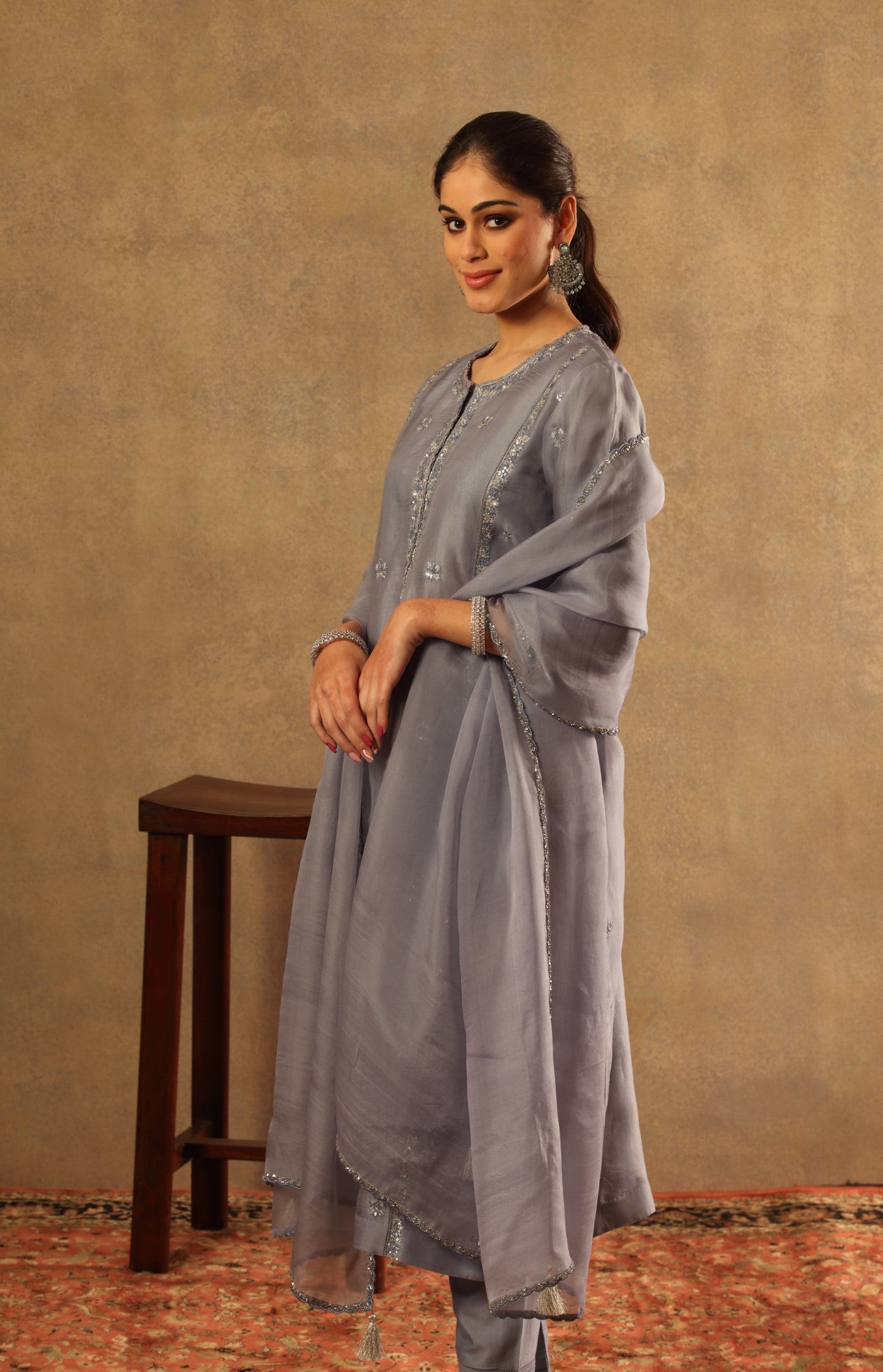 Hand Embroidered Lavender Blue Pure Silk Organza Kurta Pants Set