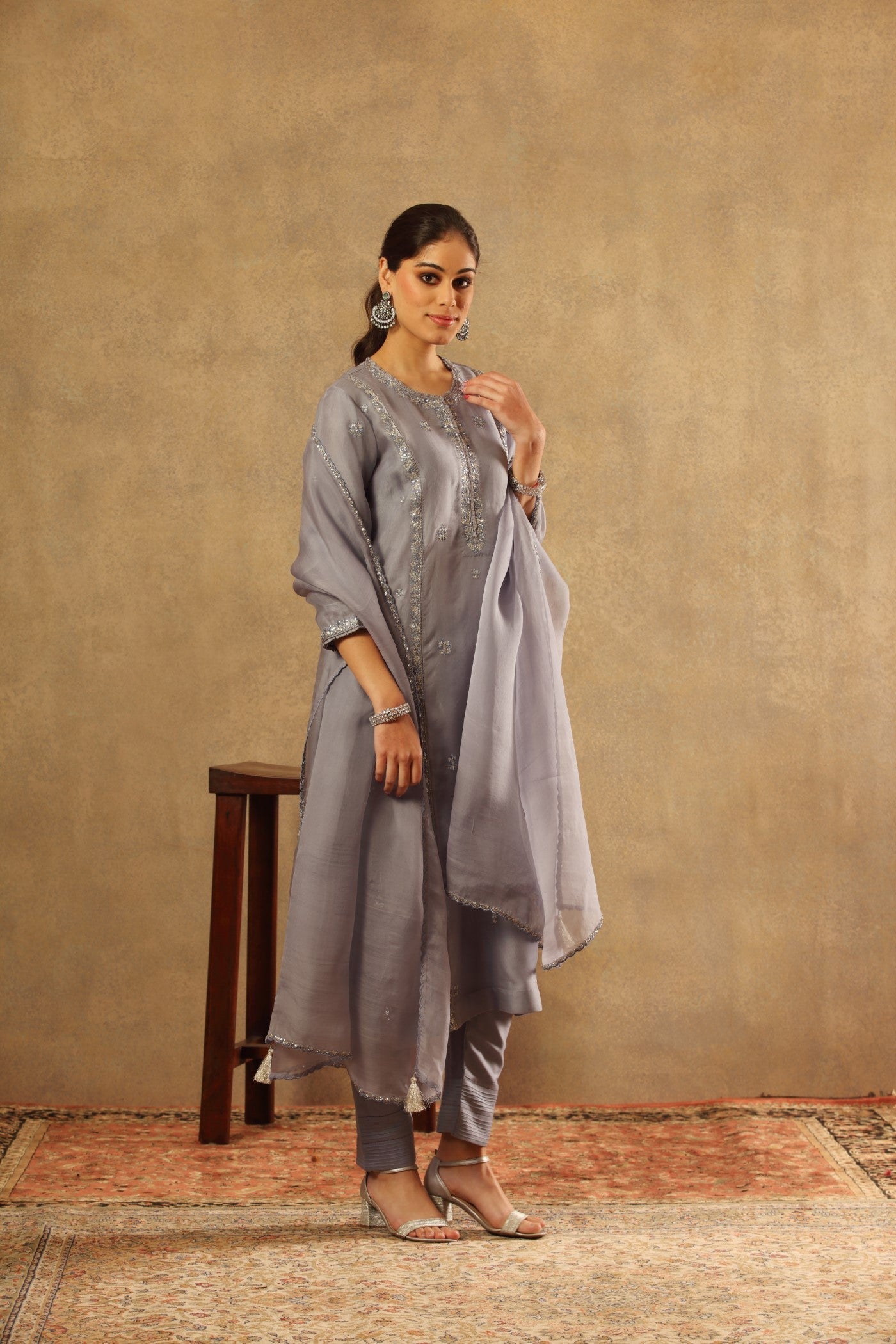 Hand Embroidered Lavender Blue Pure Silk Organza Kurta Pants Set