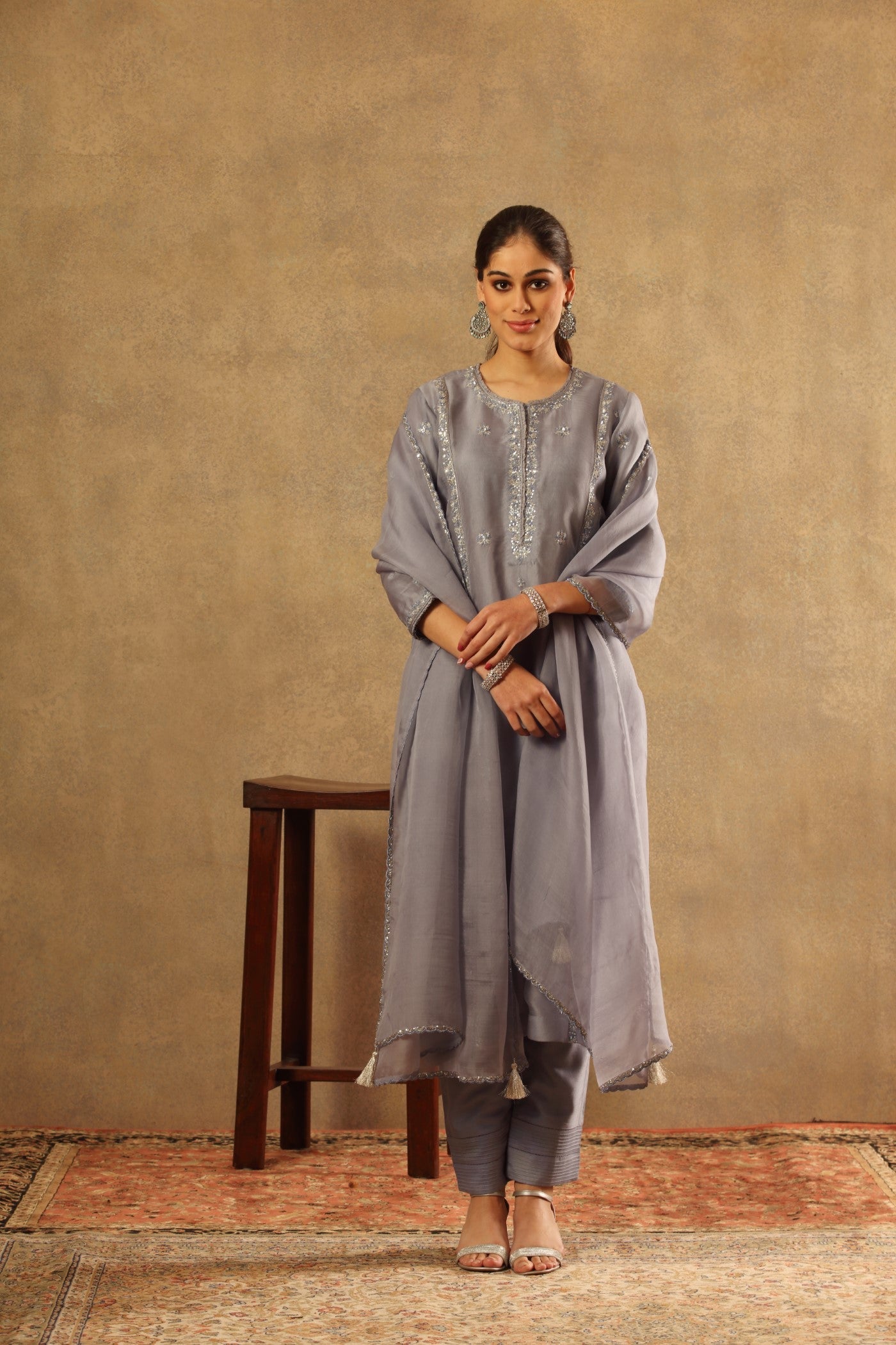 Hand Embroidered Lavender Blue Pure Silk Organza Kurta Pants Set