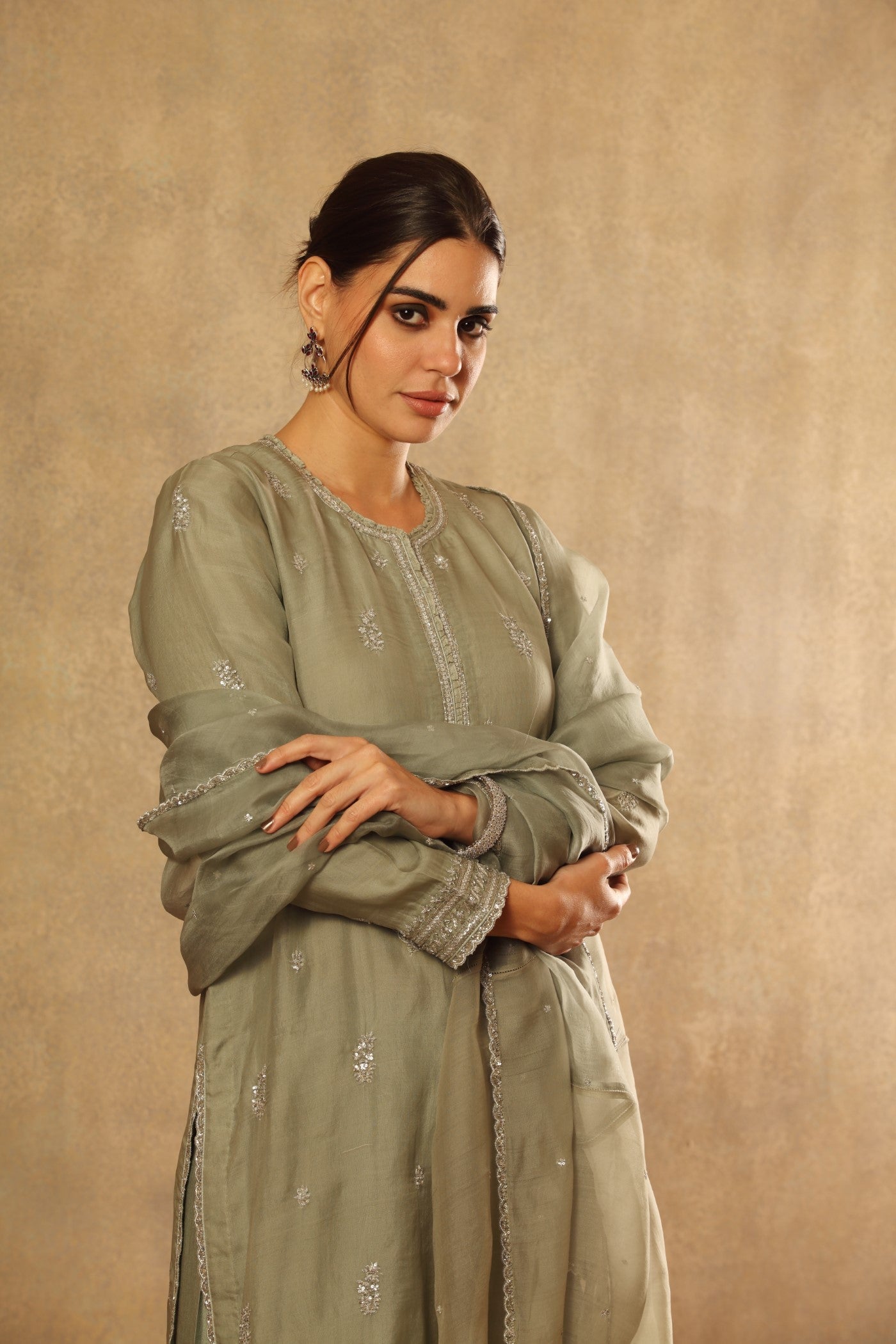 Hand Embroidered Sea Green Pure Katan Silk Kurta Salwar Set