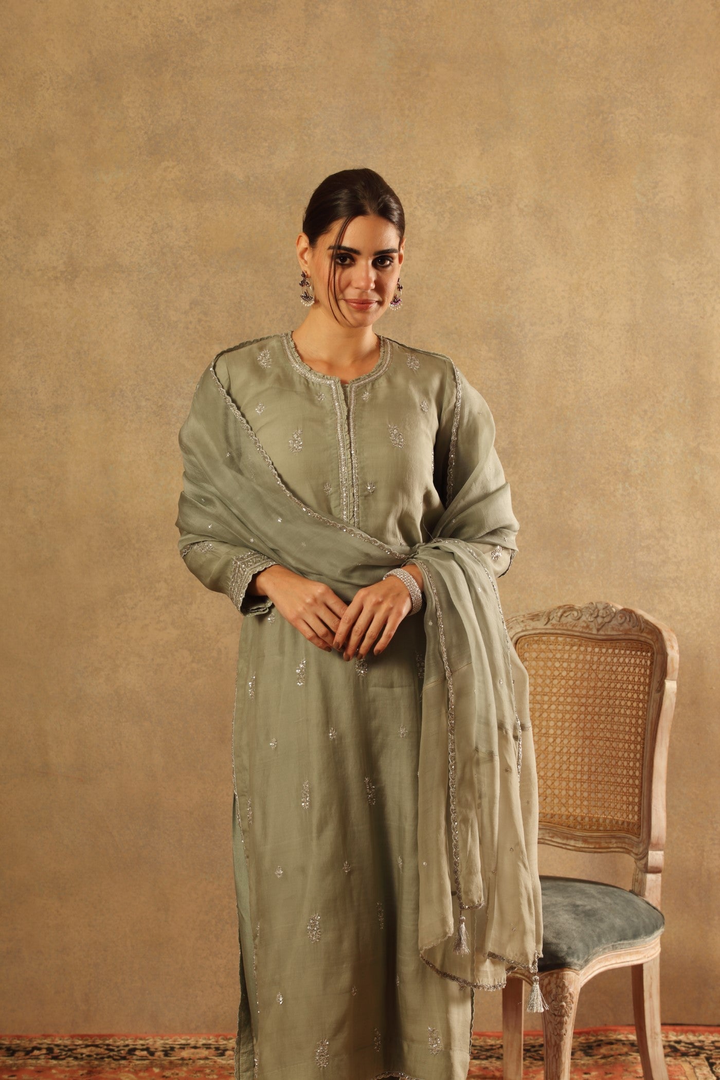 Hand Embroidered Sea Green Pure Katan Silk Kurta Salwar Set