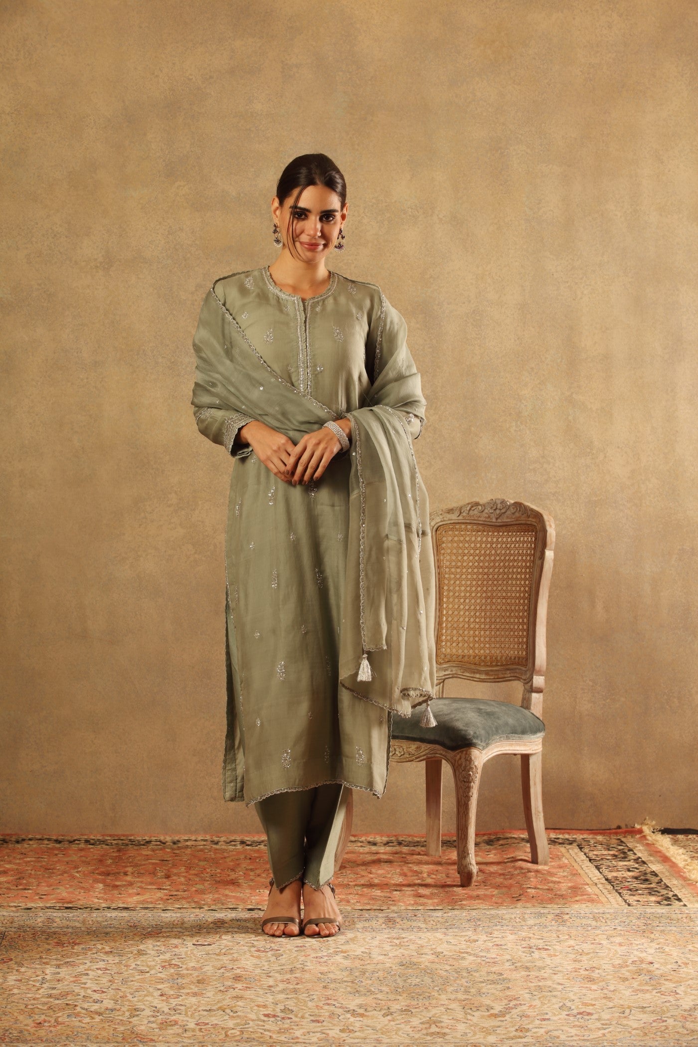 Hand Embroidered Sea Green Pure Katan Silk Kurta Salwar Set
