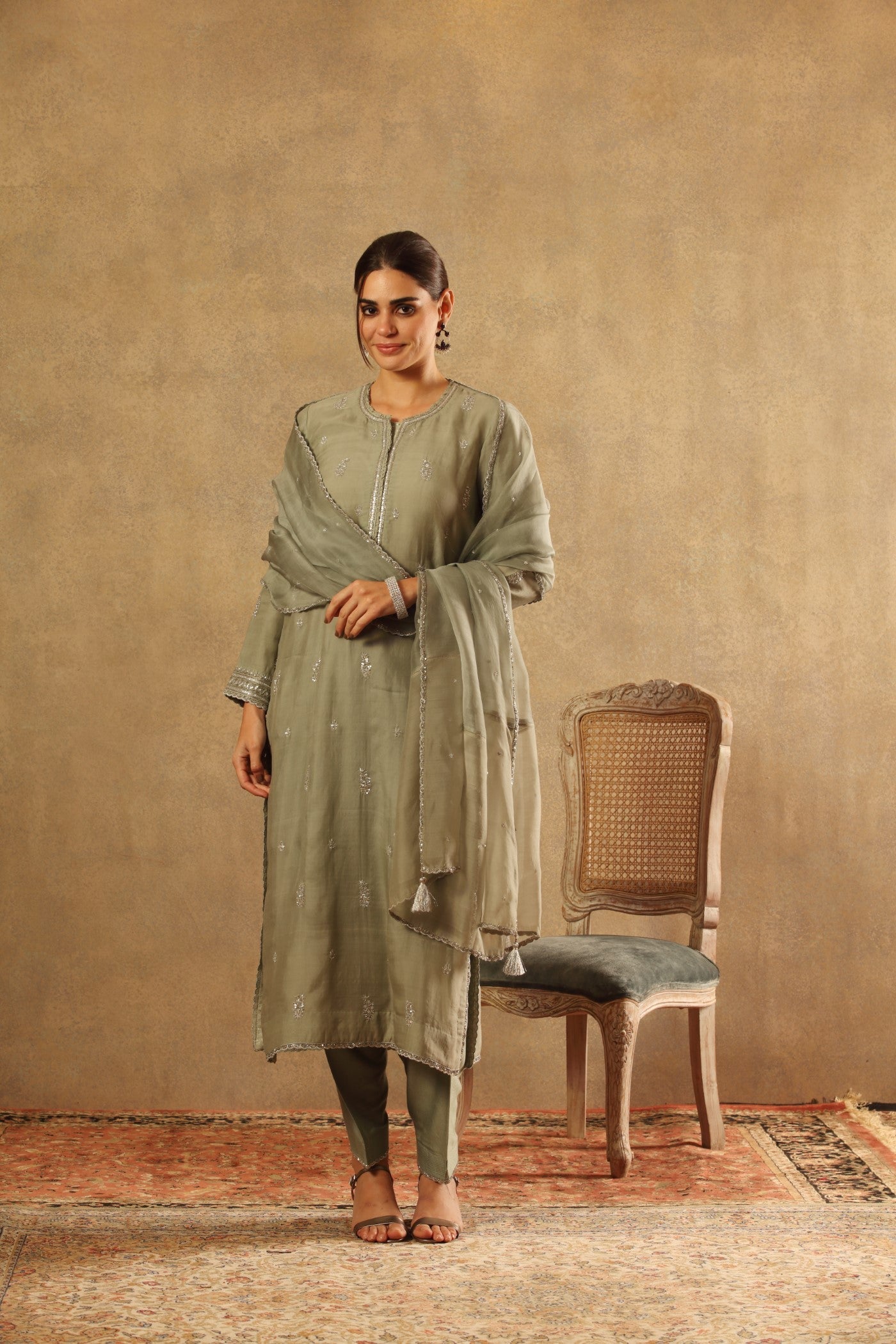 Hand Embroidered Sea Green Pure Katan Silk Kurta Salwar Set