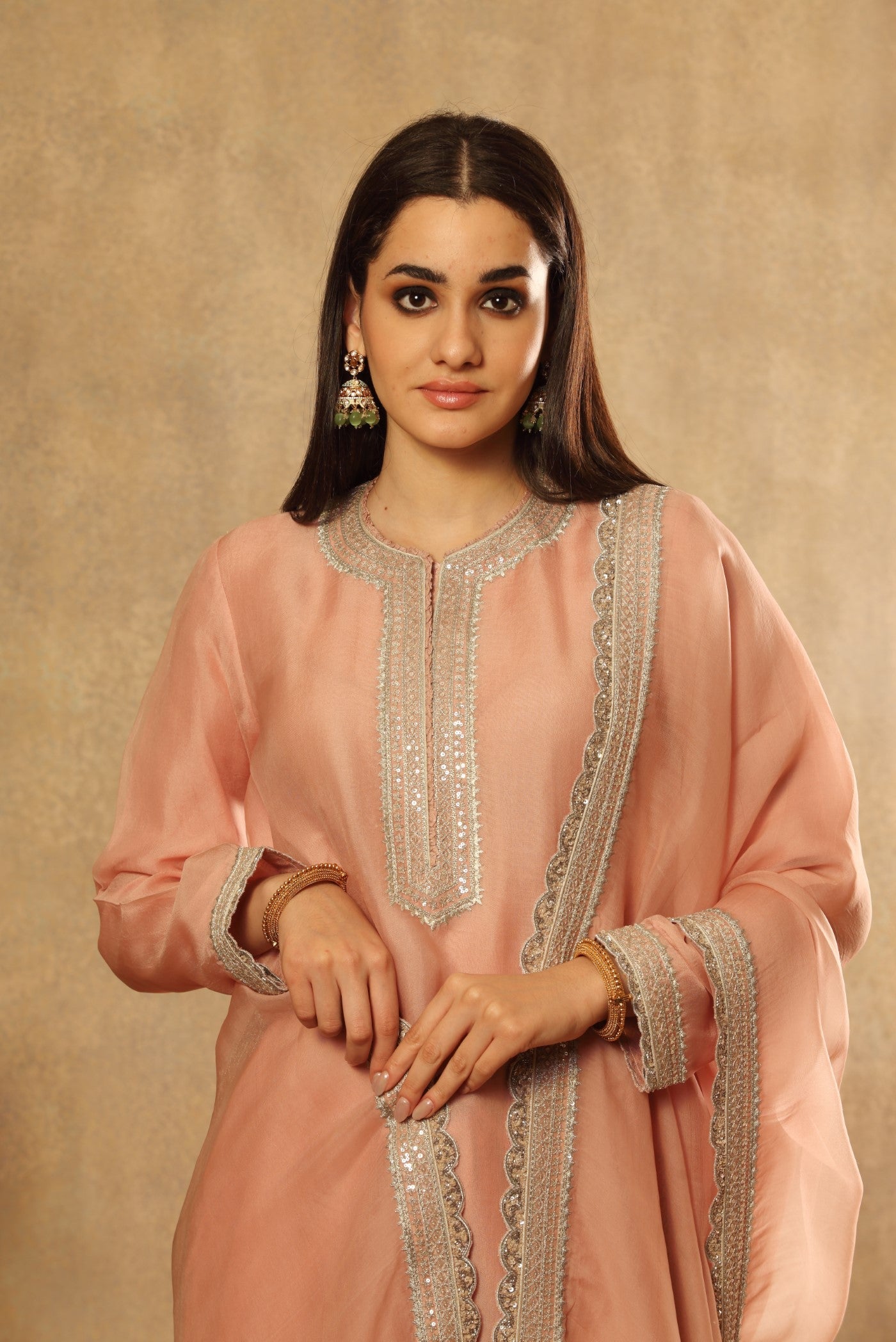 Hand Embroidered Dusty Pink Pure Silk Organza Kurta Salwar Set