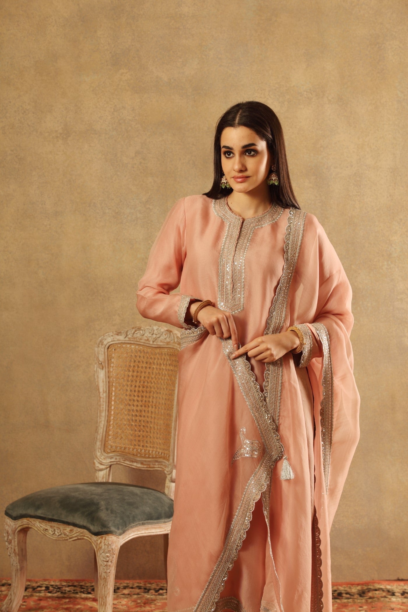 Hand Embroidered Dusty Pink Pure Silk Organza Kurta Salwar Set
