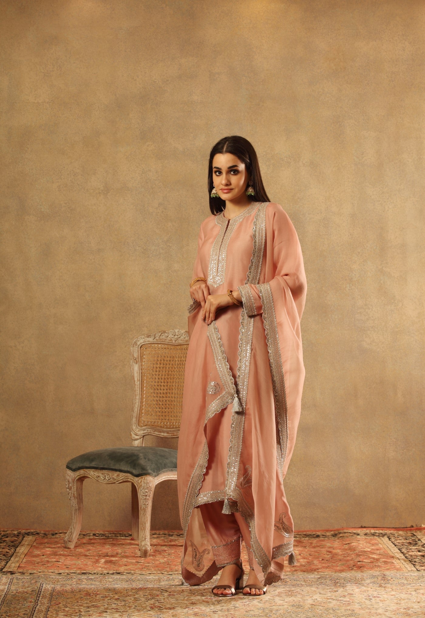Hand Embroidered Dusty Pink Pure Silk Organza Kurta Salwar Set