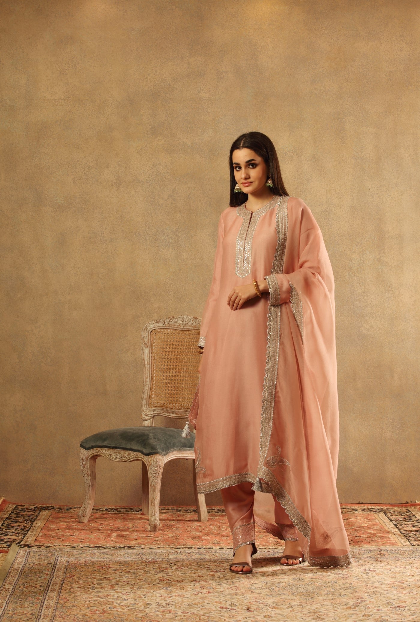 Hand Embroidered Dusty Pink Pure Silk Organza Kurta Salwar Set