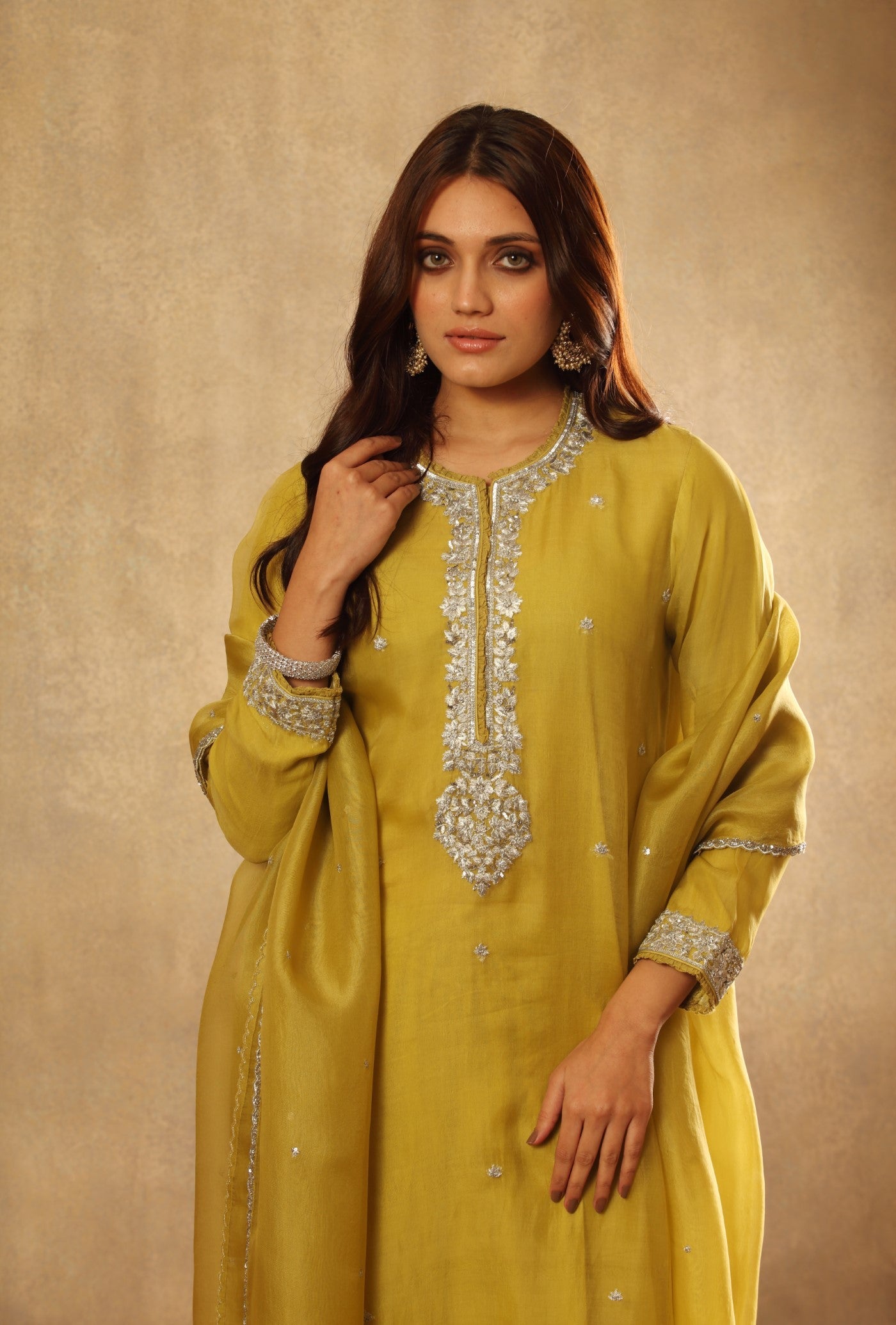 Hand Embroidered Dusty Lemon Pure Katan Silk Kurta Salwar Set
