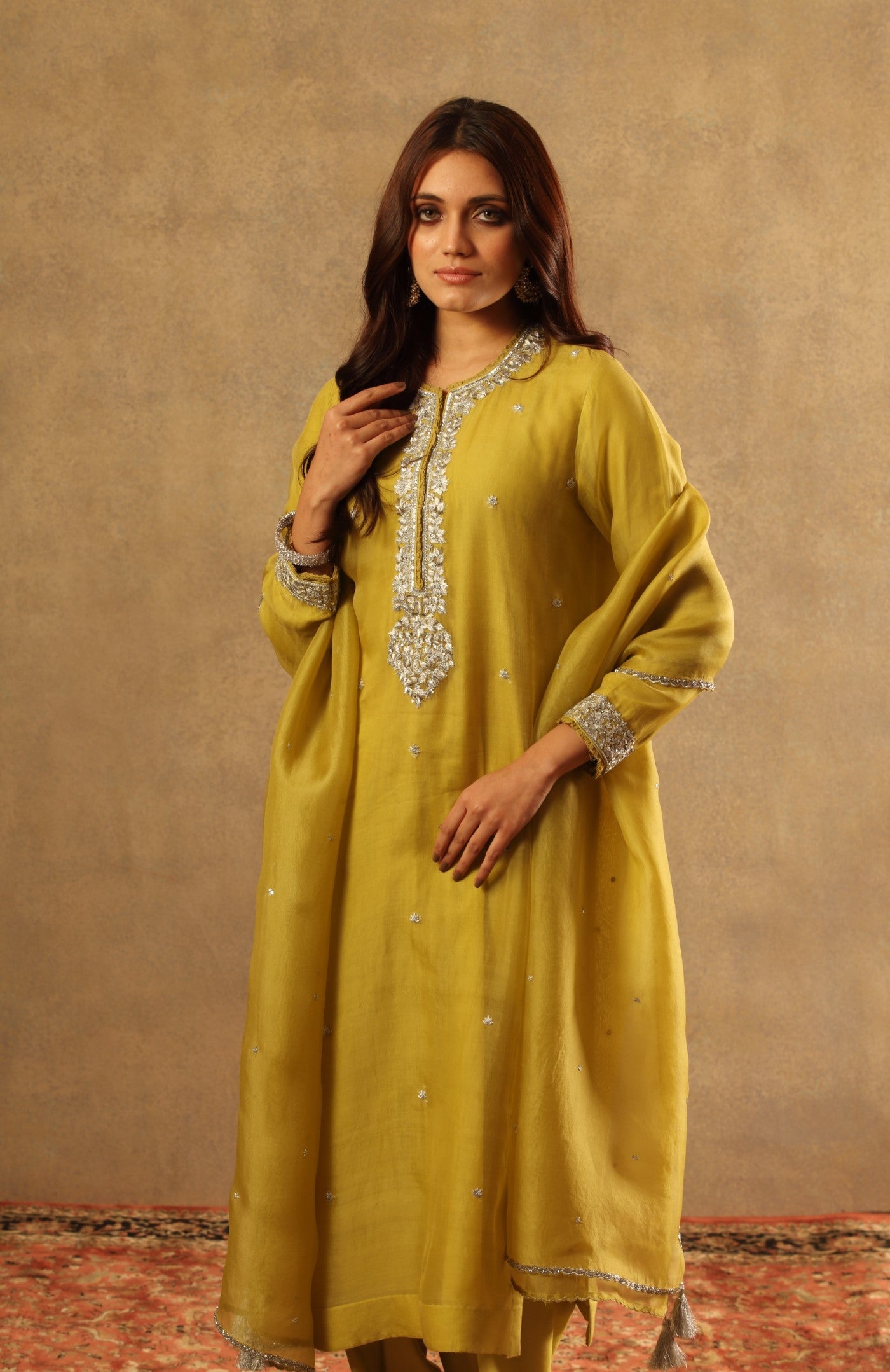 Hand Embroidered Dusty Lemon Pure Katan Silk Kurta Salwar Set
