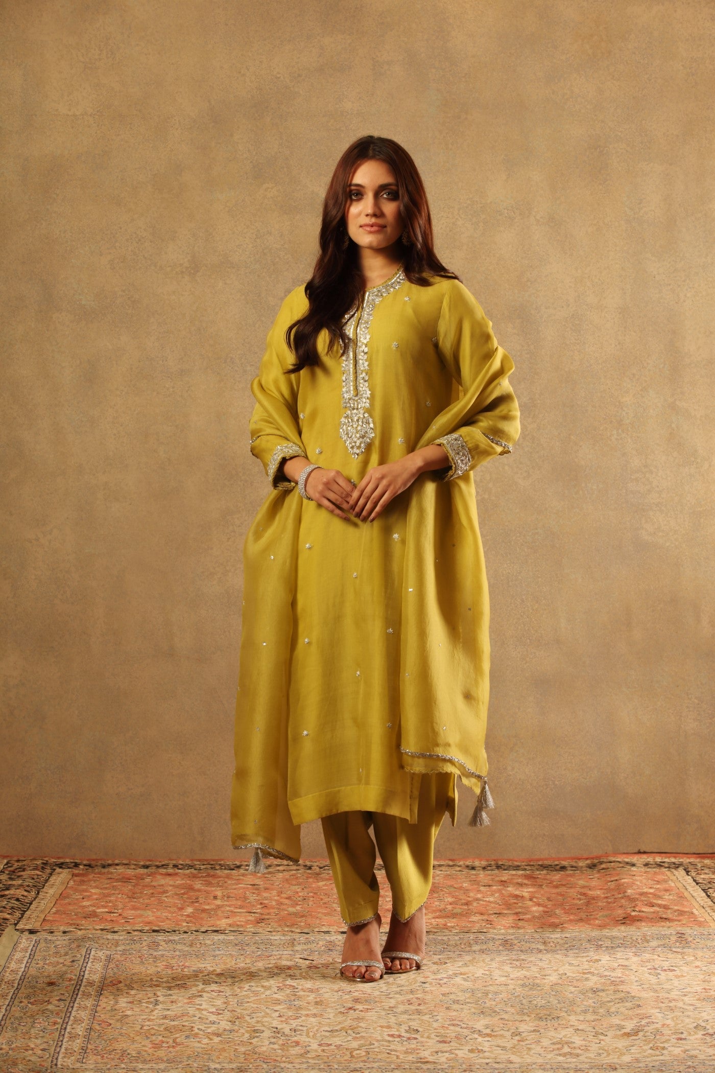 Hand Embroidered Dusty Lemon Pure Katan Silk Kurta Salwar Set