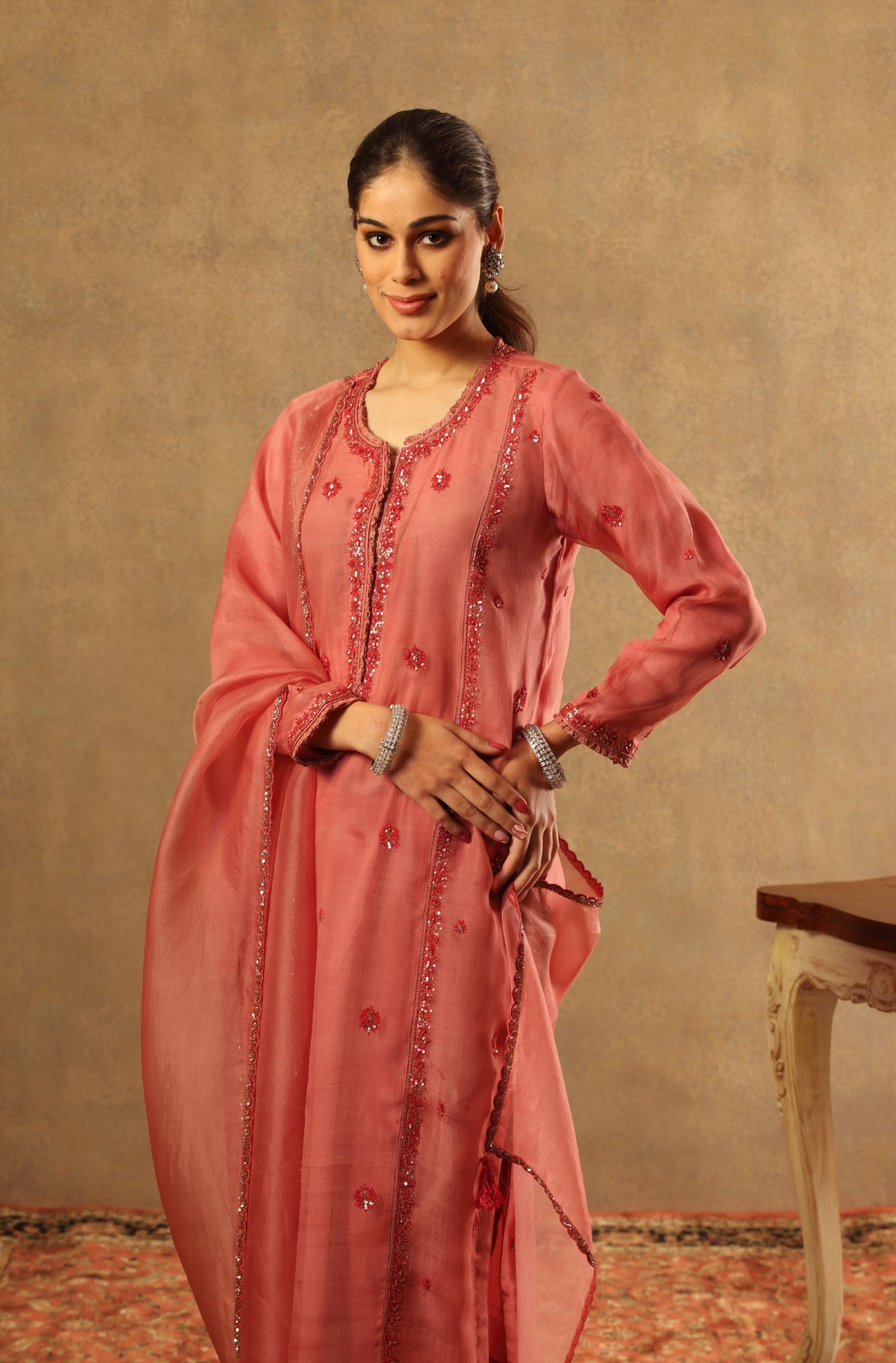 Hand Embroidered Dusty Blush Pink Pure Katan Silk Kurta Salwar Set