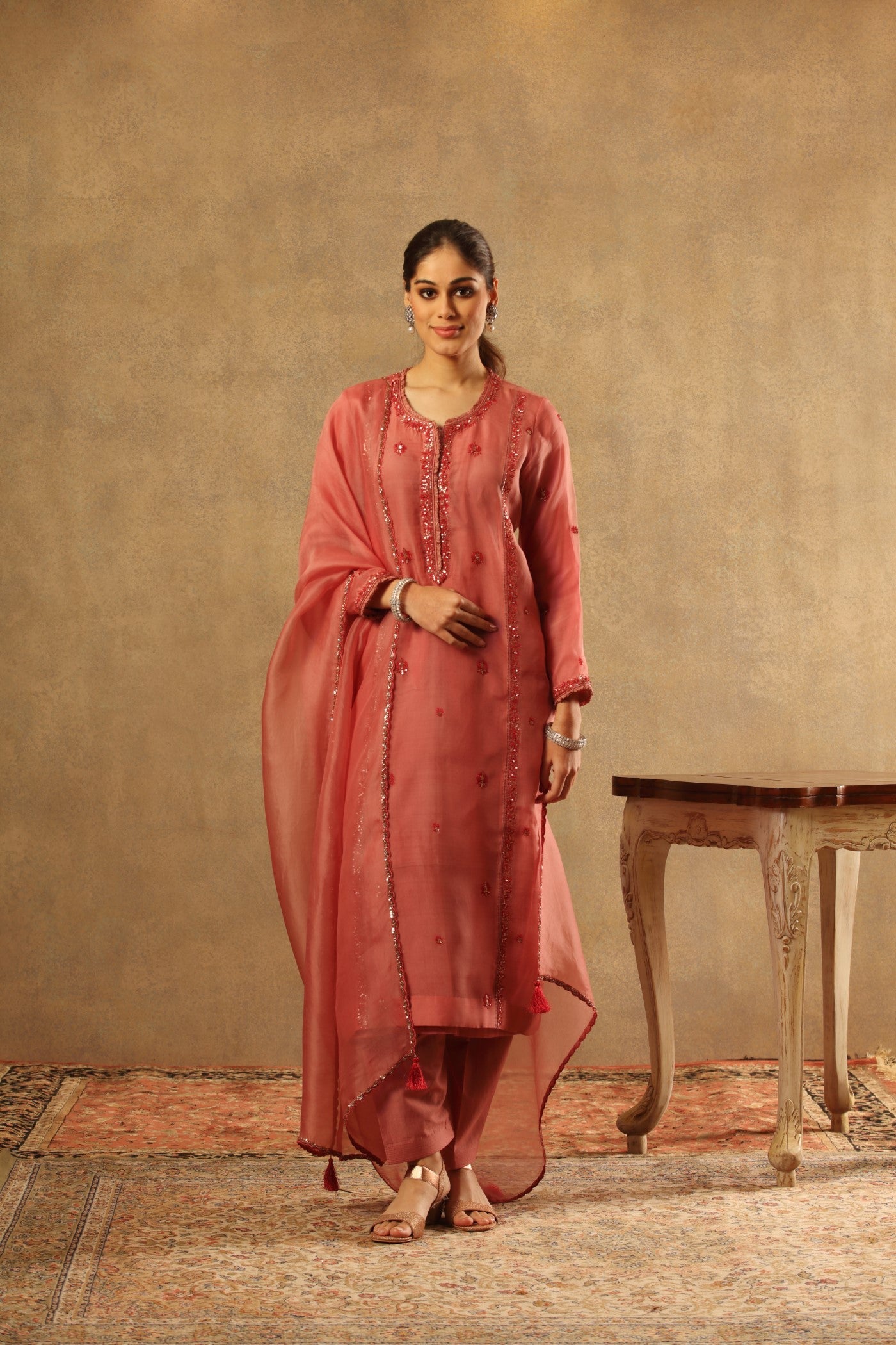 Hand Embroidered Dusty Blush Pink Pure Katan Silk Kurta Salwar Set