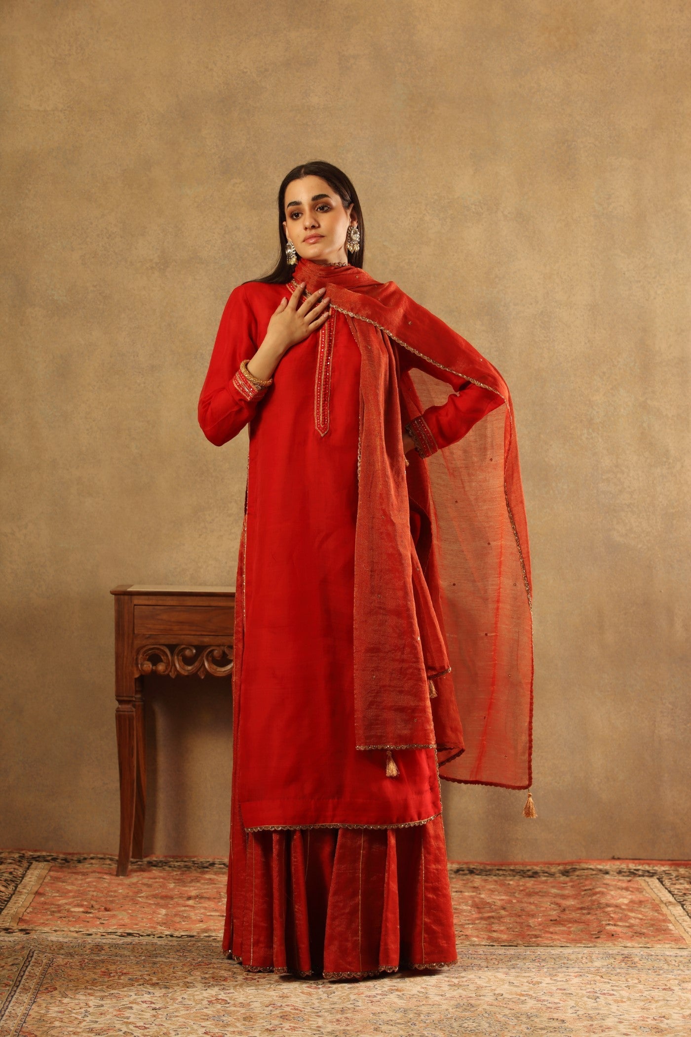Hand Embroidered Bridal Red Pure Katan Silk Kurta Sharara Set